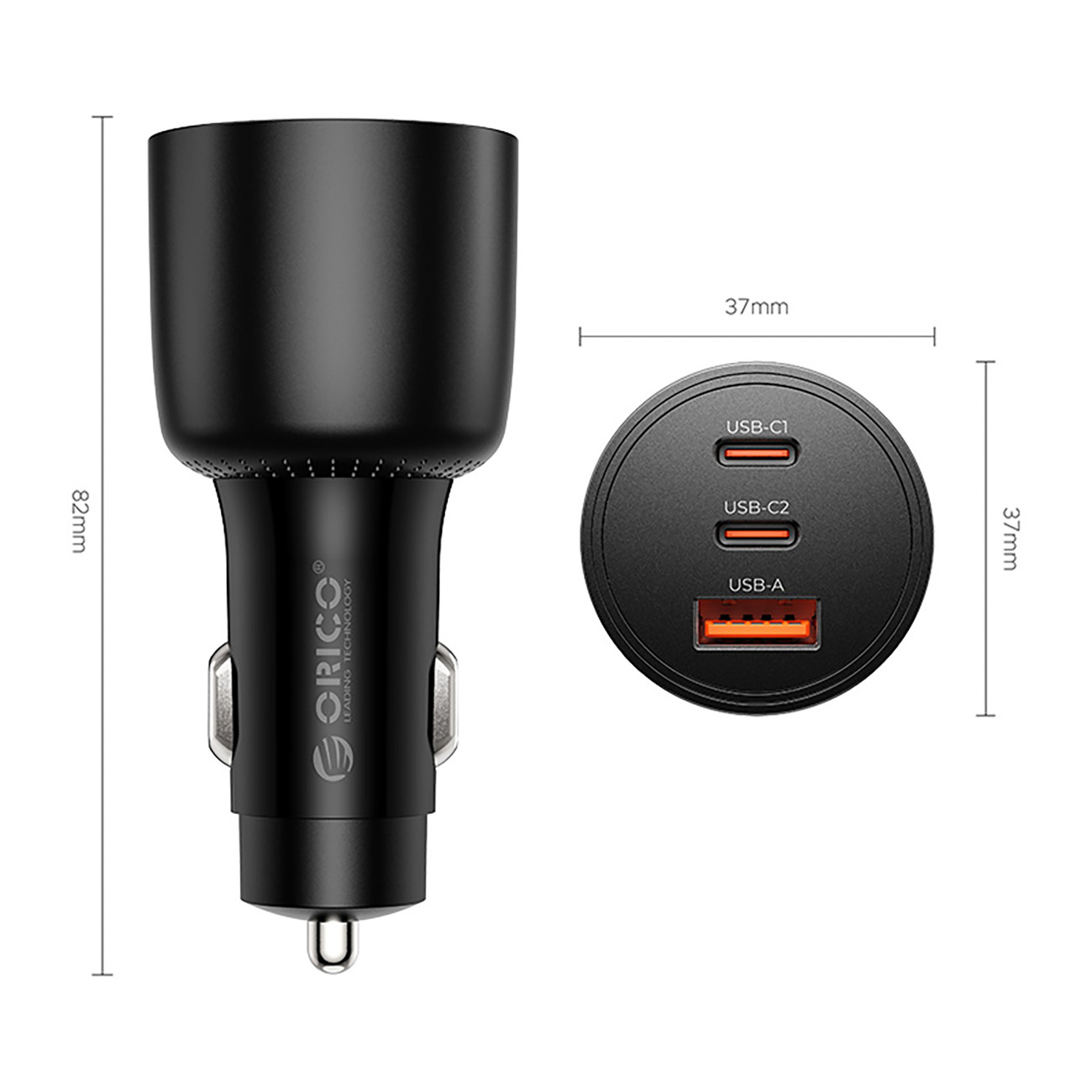 Czarny adapter ładowarki samochodowej z trzema portami USB: 2x USB-C, 1x USB-A.