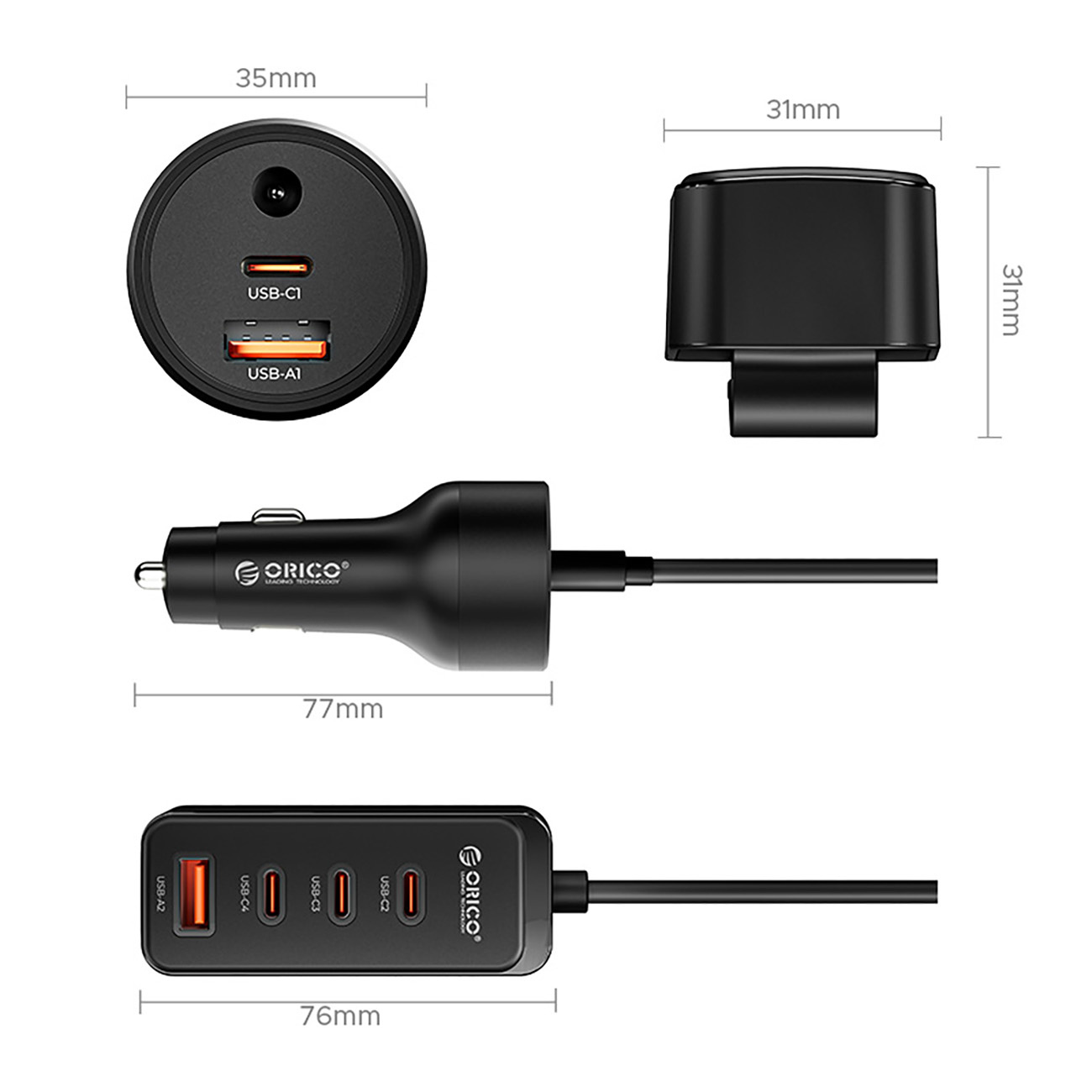 Czarny adapter ładowarki samochodowej z wieloma portami USB i wymiarami.