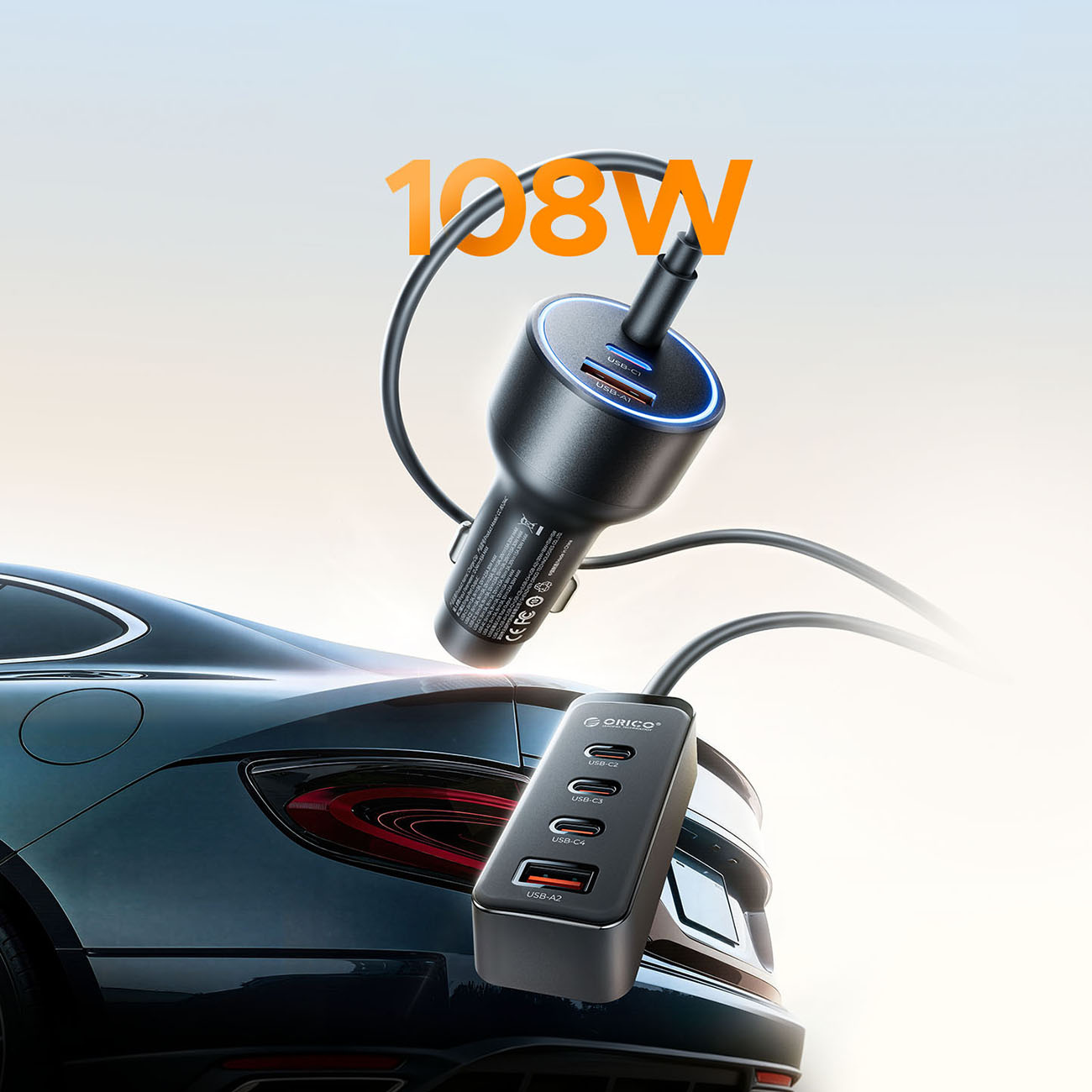 Ładowarka samochodowa 108W z wieloma portami USB, podłączona do samochodu.