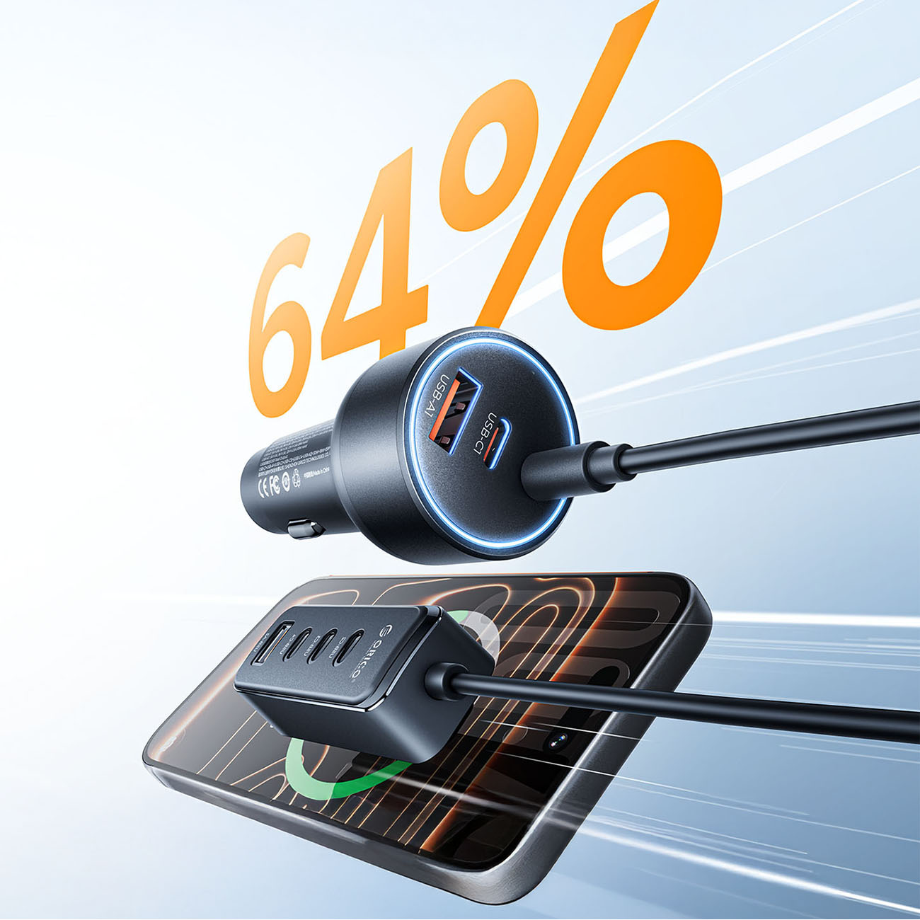 Czarna ładowarka samochodowa zasila telefon. Wyświetlono 64%.