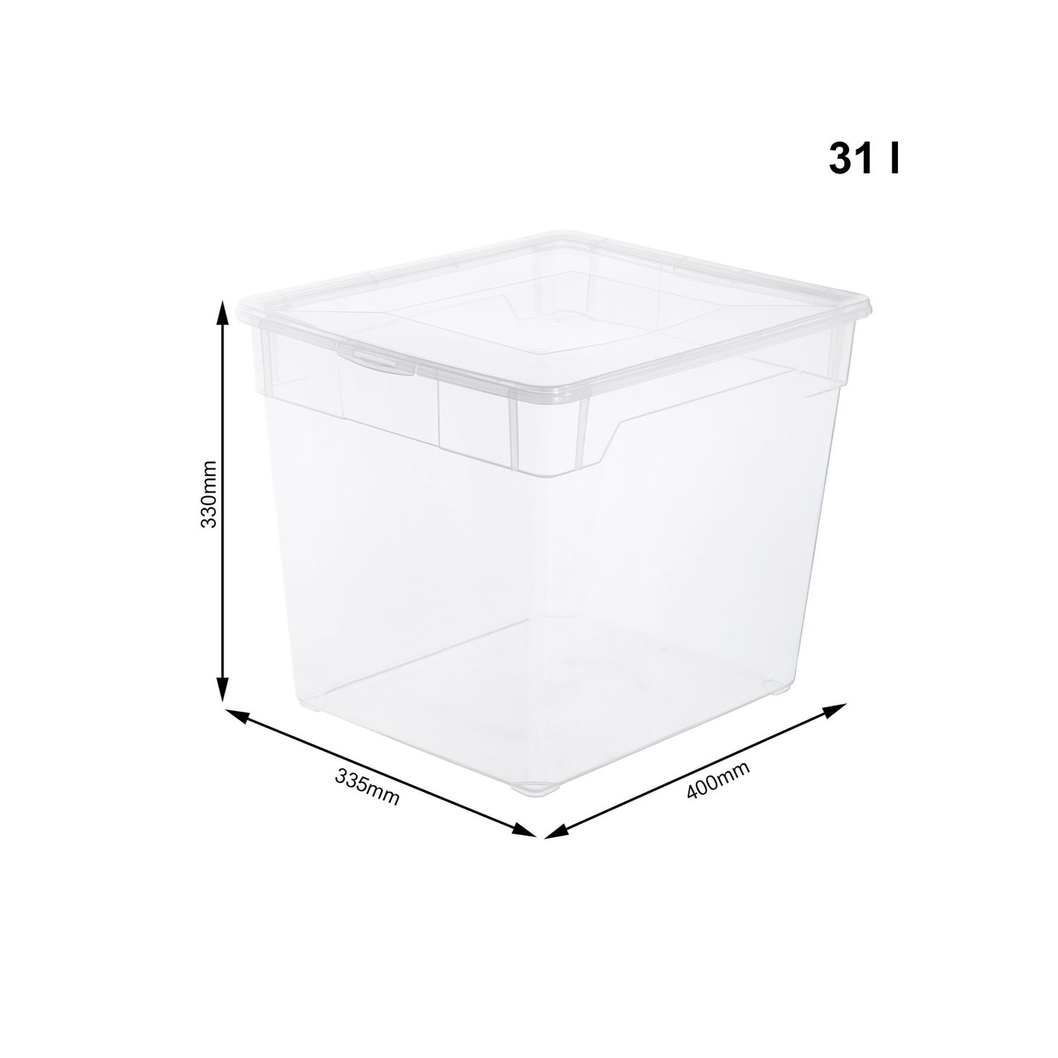 Przezroczysty plastikowy pojemnik z pokrywką, 330mm wys, 335mm szer, 400mm dł.