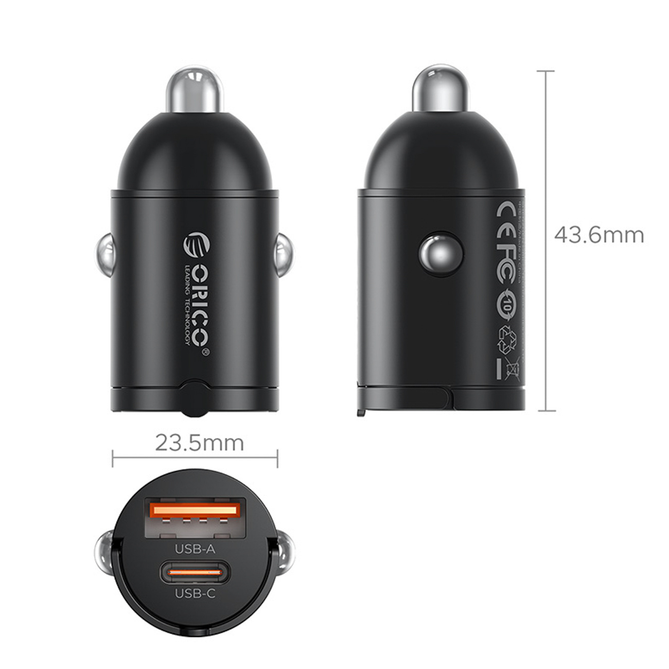 Czarny samochodowy adapter USB z dwoma portami: USB-A i USB-C. Podano wymiary.