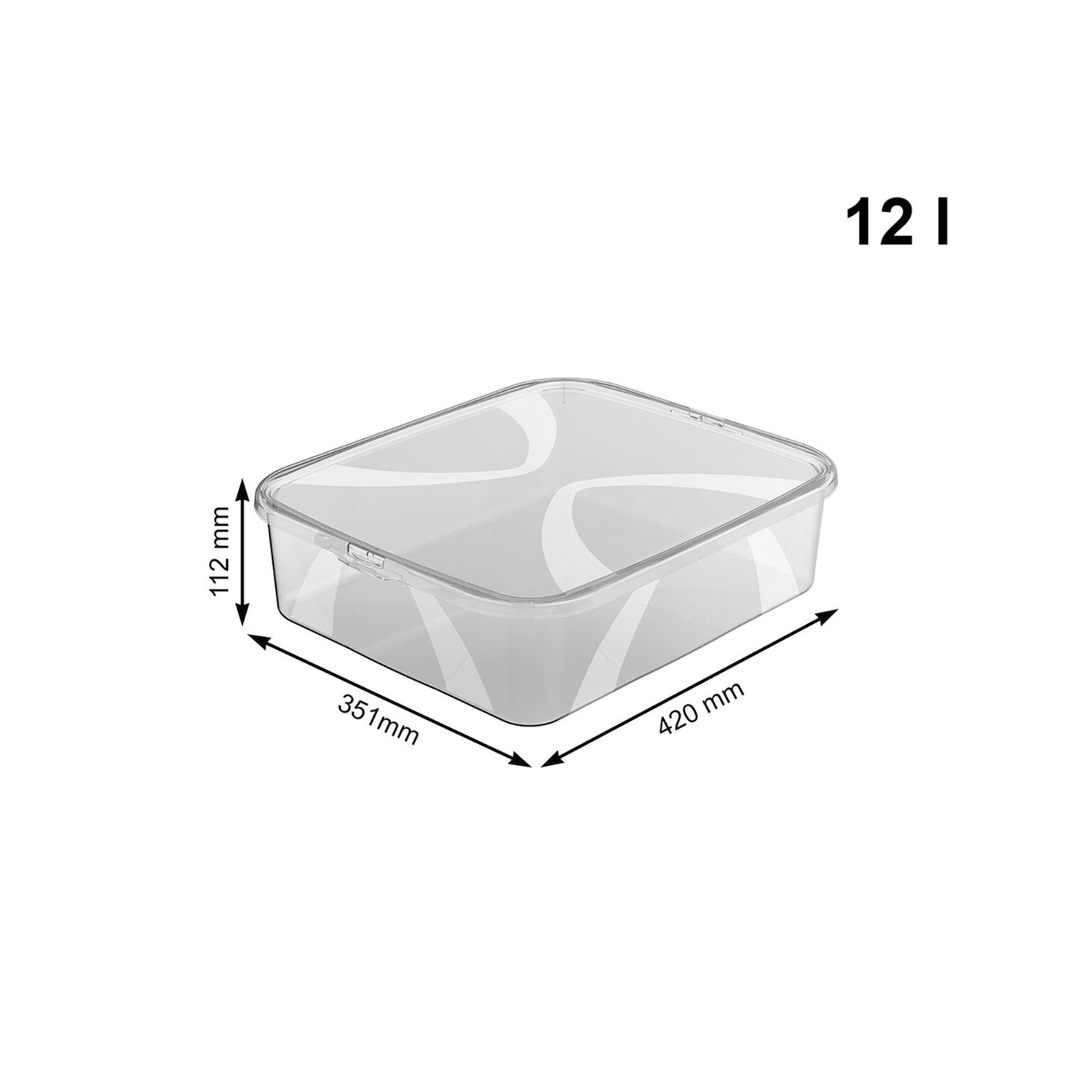 Przezroczysty pojemnik 12L o wymiarach 420x351x112mm.