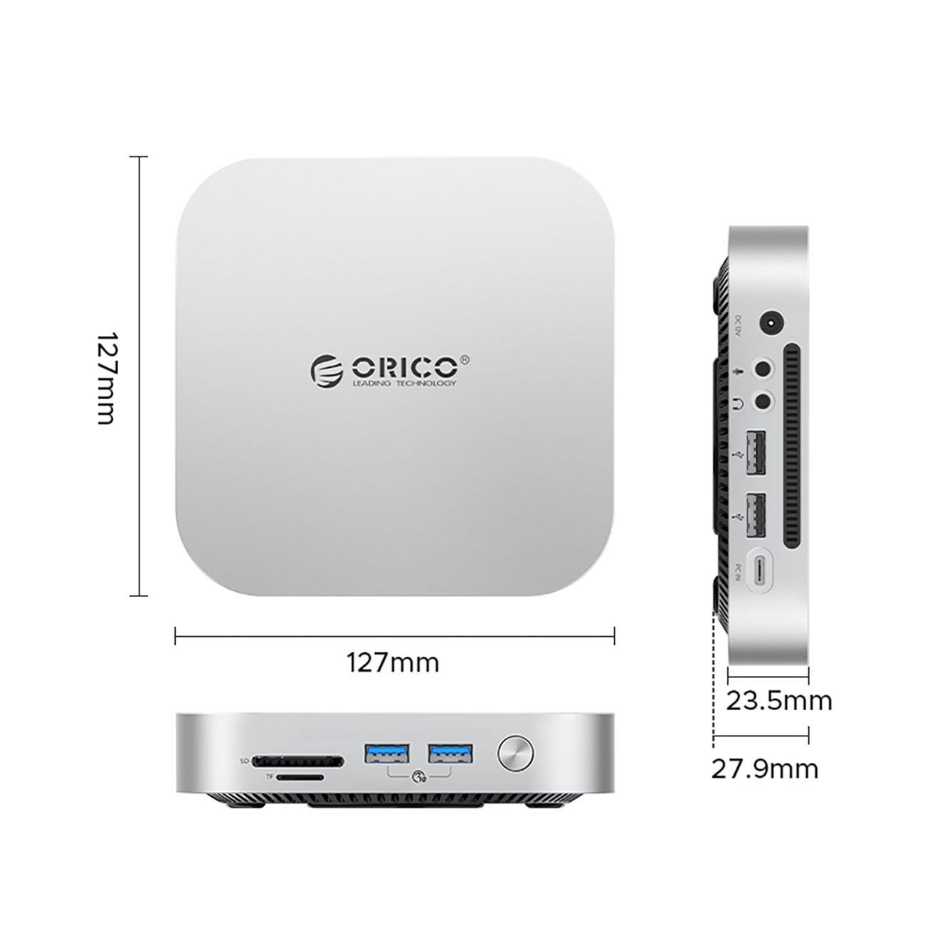 Srebrny mini PC z portami: DC-IN, USB, gniazdo kart SD/TF.