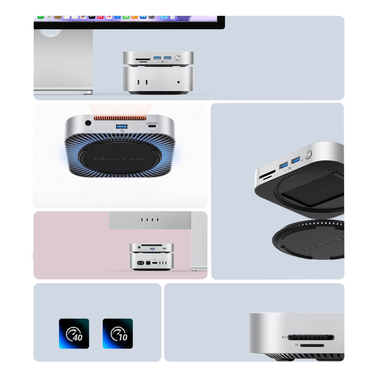 Srebrny mini PC z portami, otworami wentylacyjnymi i ikonami 40 i 10.