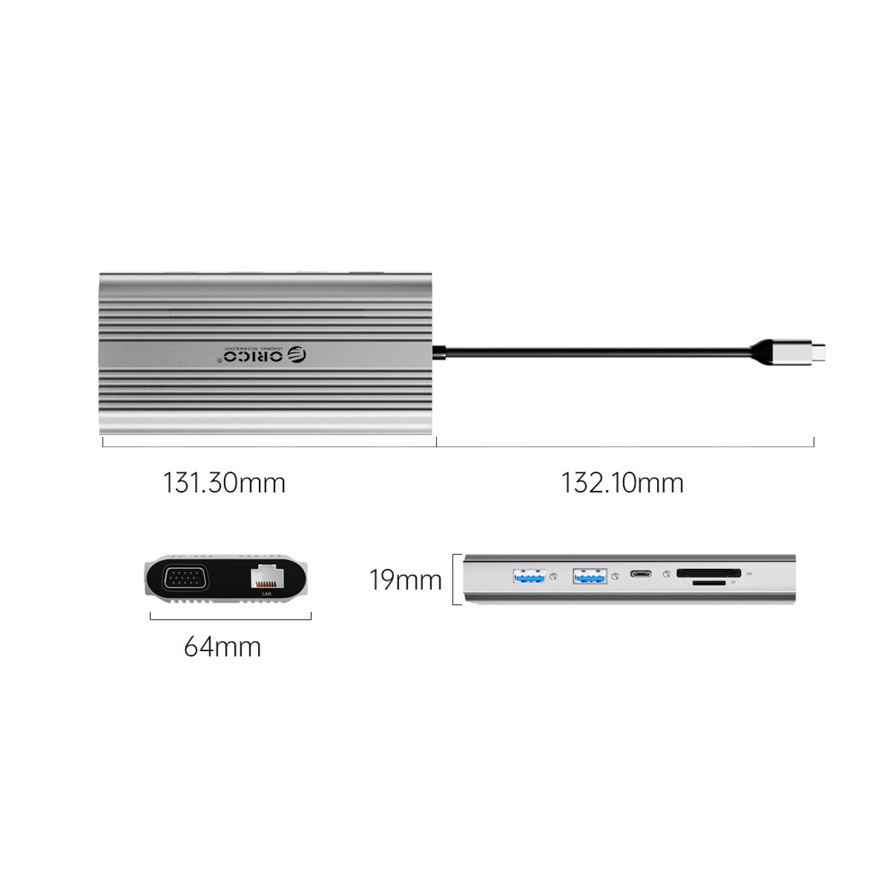 Srebrny hub USB-C z portami i wymiarami.