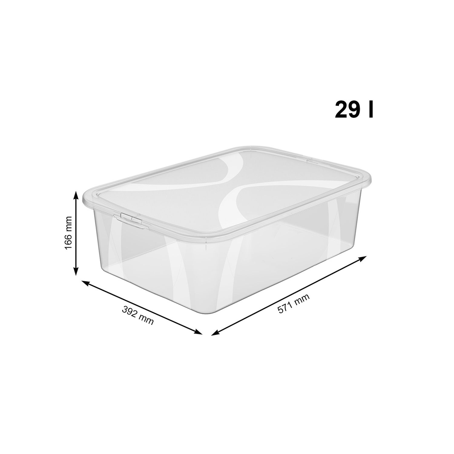 Przezroczysty pojemnik z pokrywką, wymiary 571x392x166 mm, pojemność 29 l.
