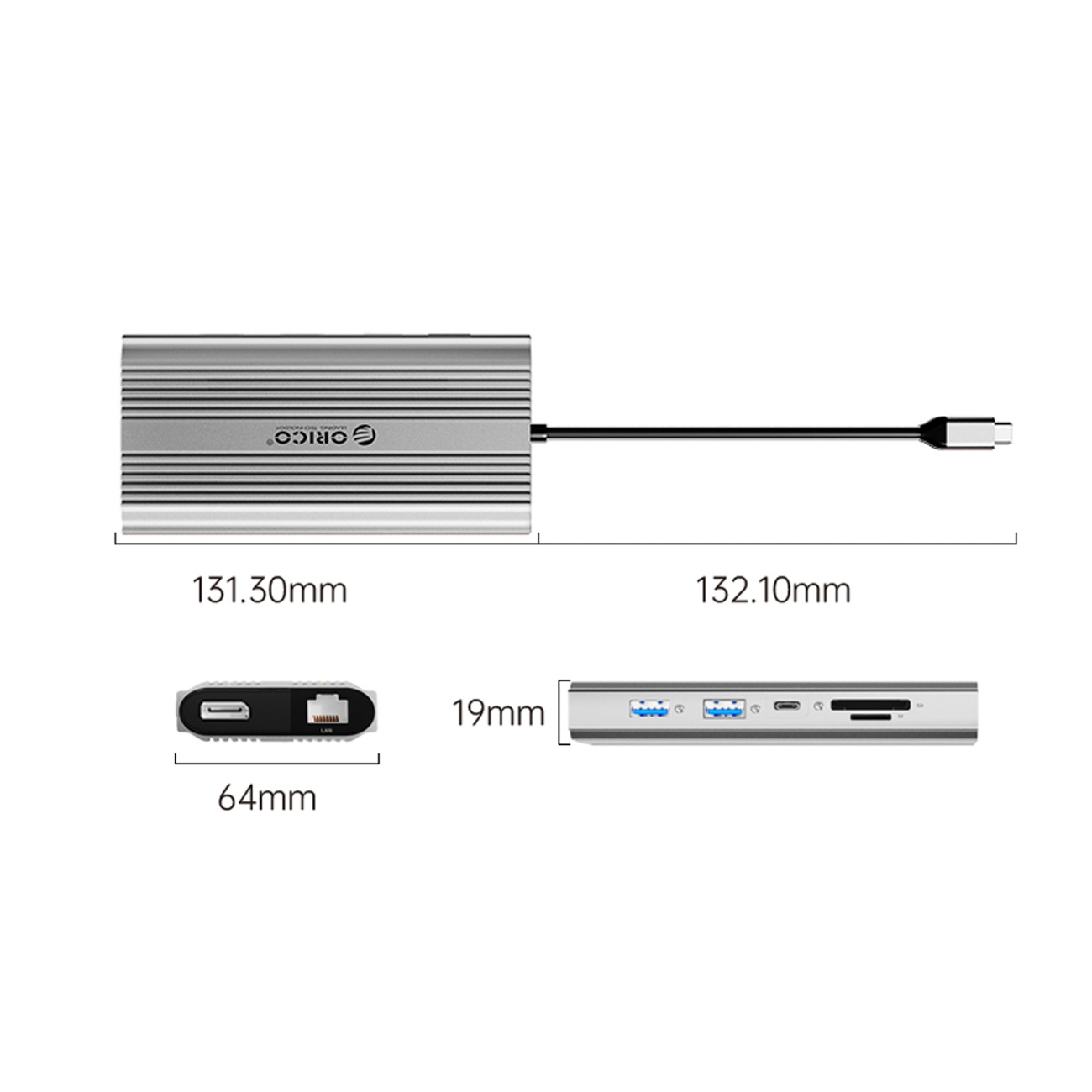Srebrny hub USB-C z portami i wymiarami.