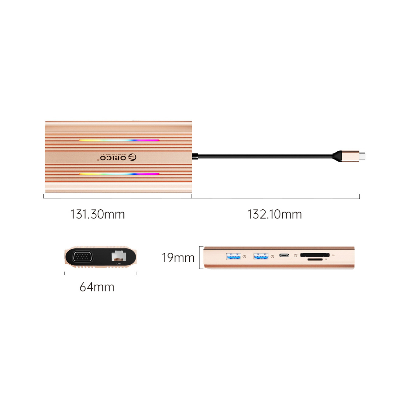 Złoty hub USB-C ORICO z pokazanymi portami i wymiarami. Długość 131,30 mm.