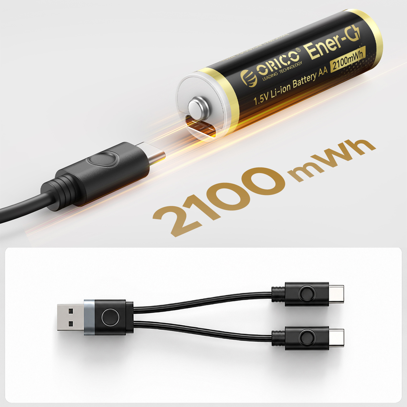 Czarny kabel USB-C podłączony do złoto-czarnej baterii AA ORICO Ener-G.