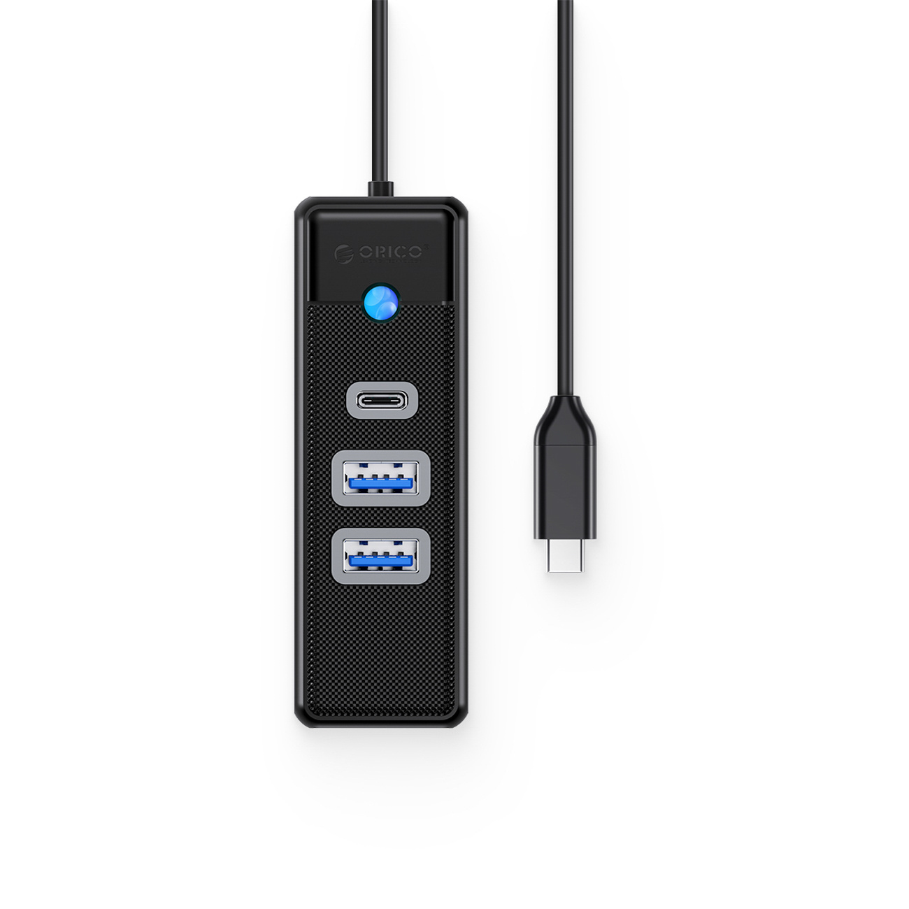 Czarny hub USB-C z jednym portem USB-C, dwoma USB-A i niebieską diodą.