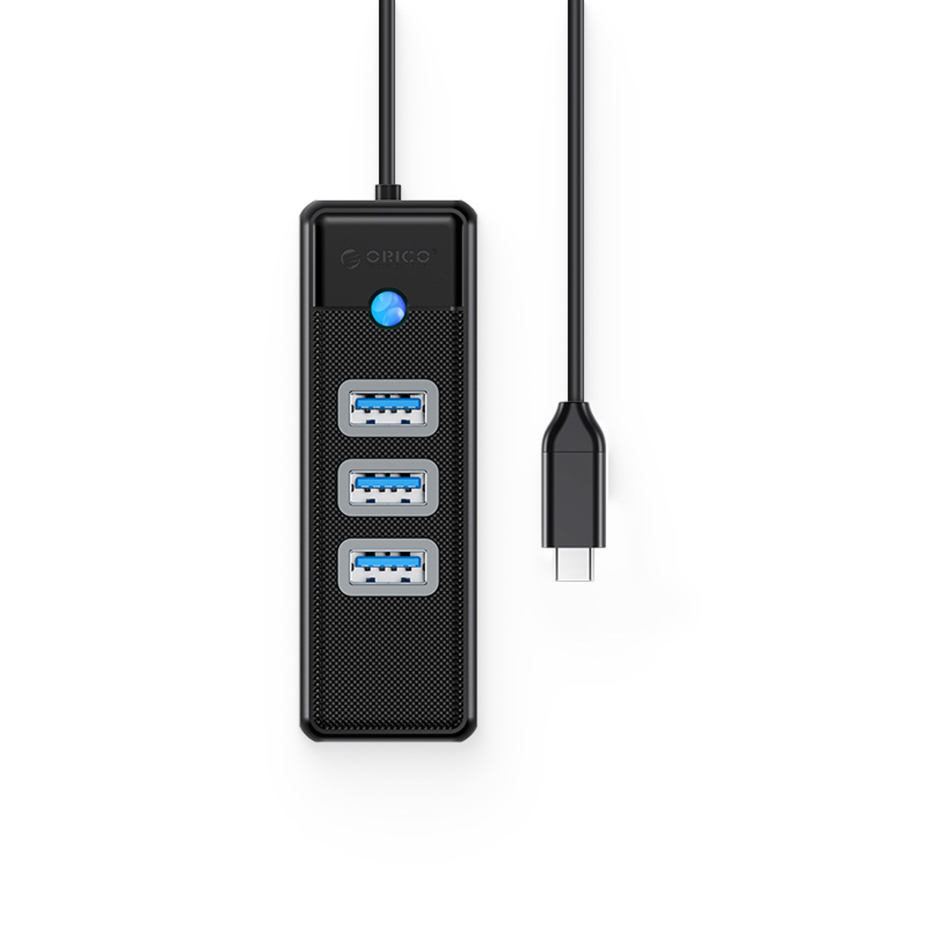 Czarny hub USB-C z trzema niebieskimi portami USB 3.0 i świecącym przyciskiem.