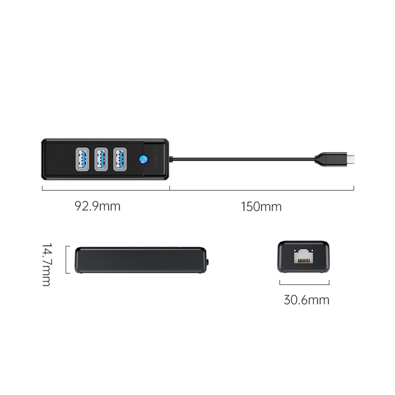 Czarny koncentrator USB z trzema portami i portem Ethernet, z wymiarami.