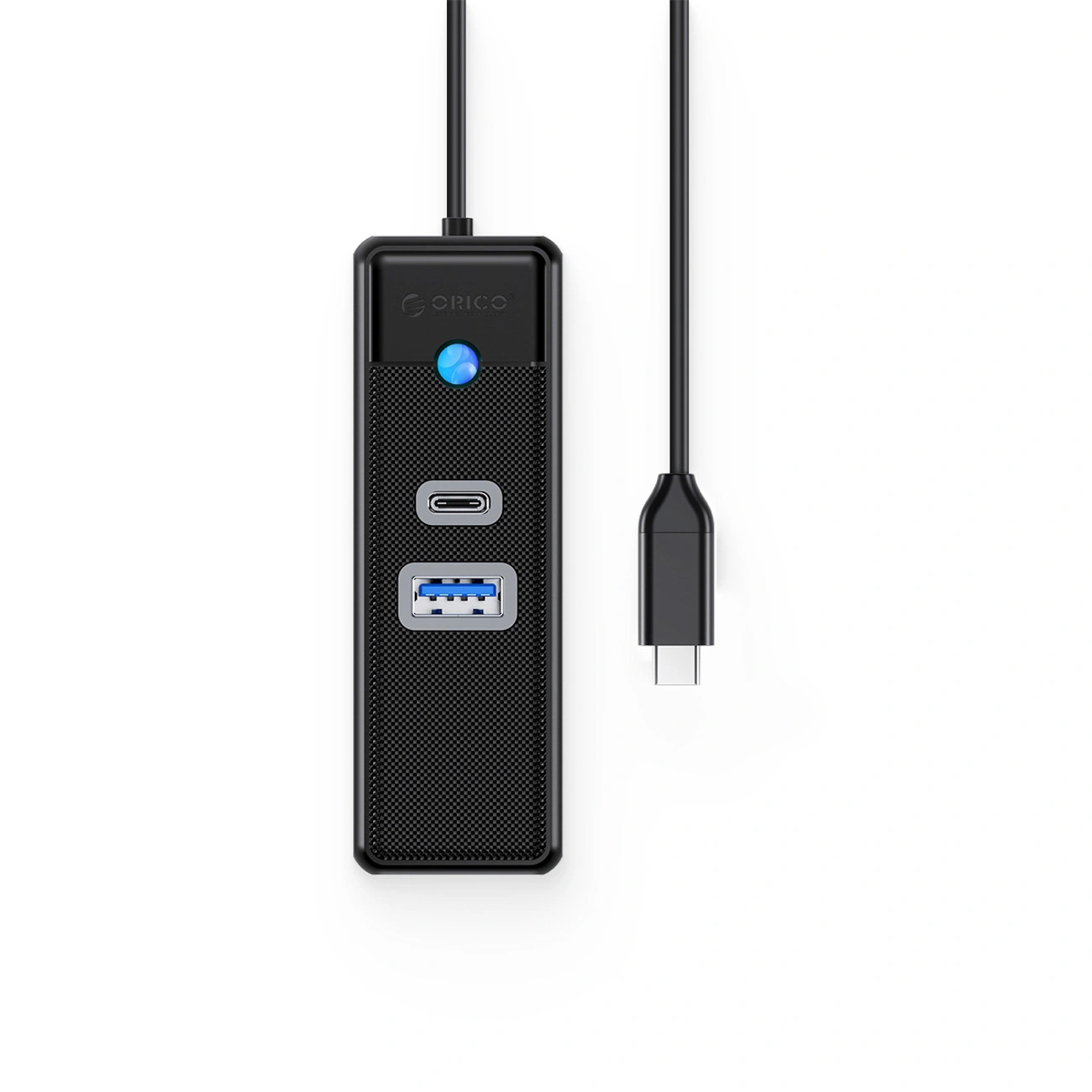 Czarny hub ORICO USB-C z portem USB-A, portem USB-C i niebieskim wskaźnikiem.