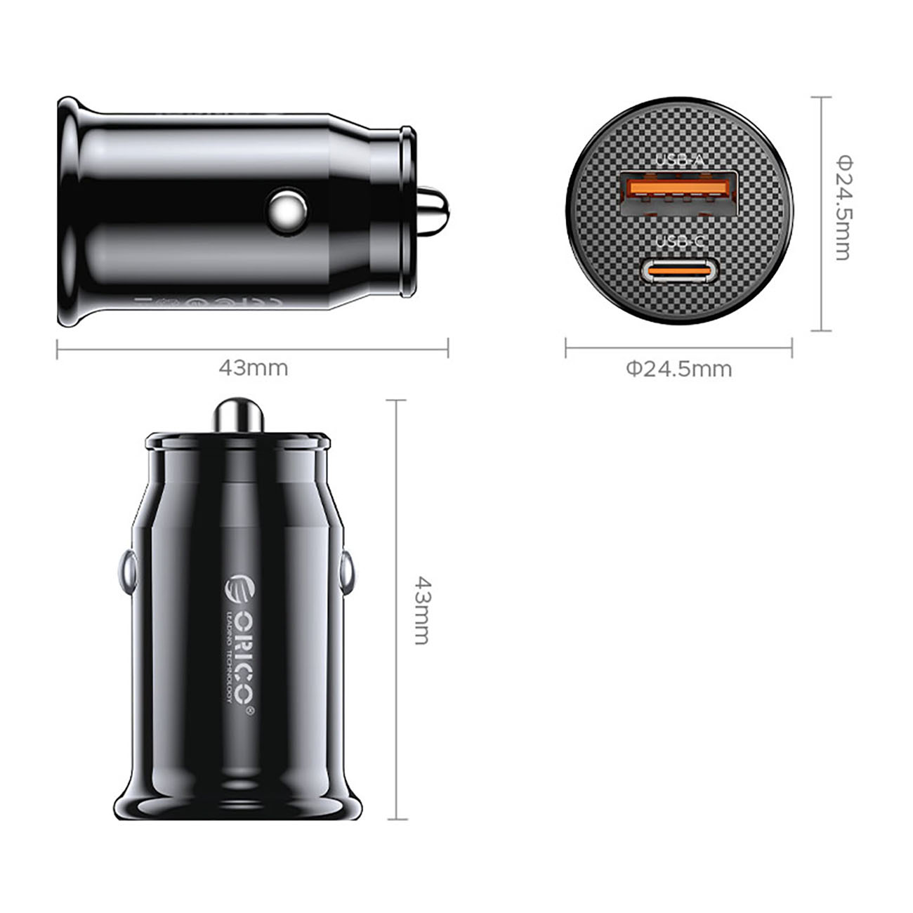 Czarna ładowarka samochodowa z portami USB-A i USB-C. Wymiary: wysokość 43mm, średnica 24.5mm.