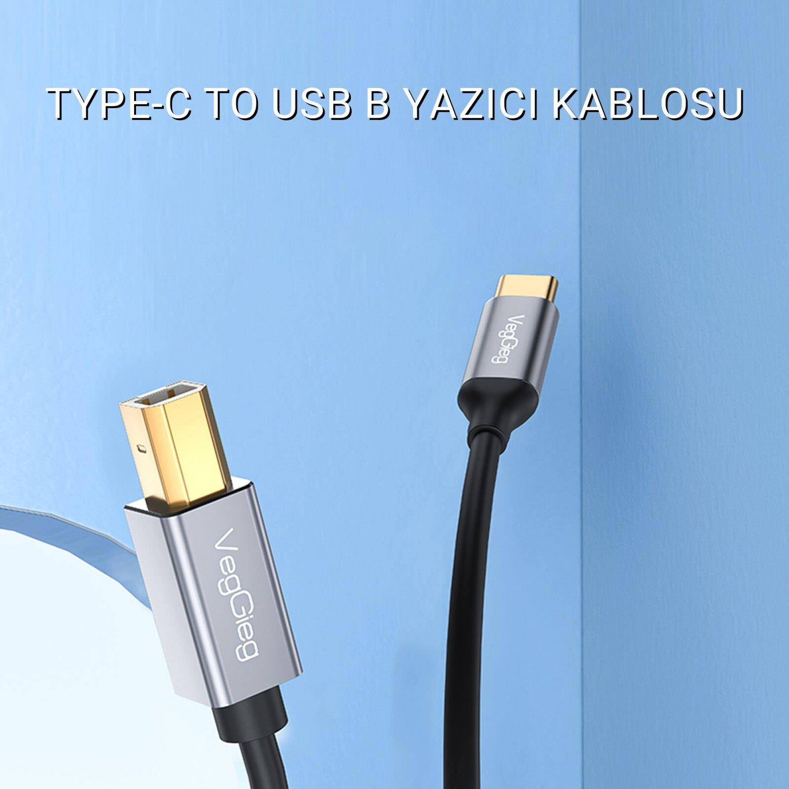 Altın ve gümüş konnektörlü C Tipi USB B yazıcı kablosu.