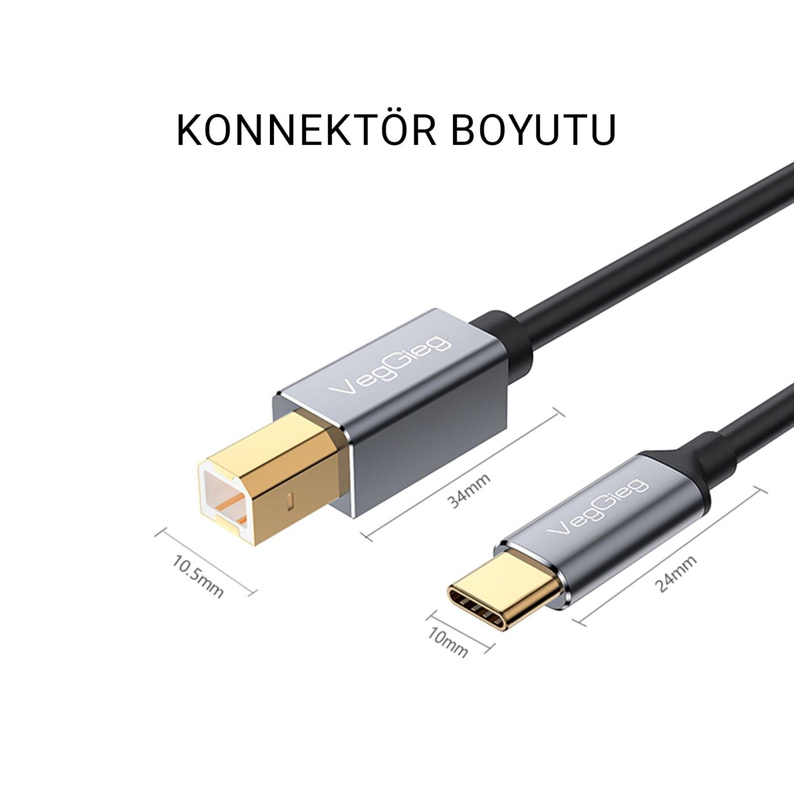 Gümüş USB-A - USB-C kablosu ölçülerle.