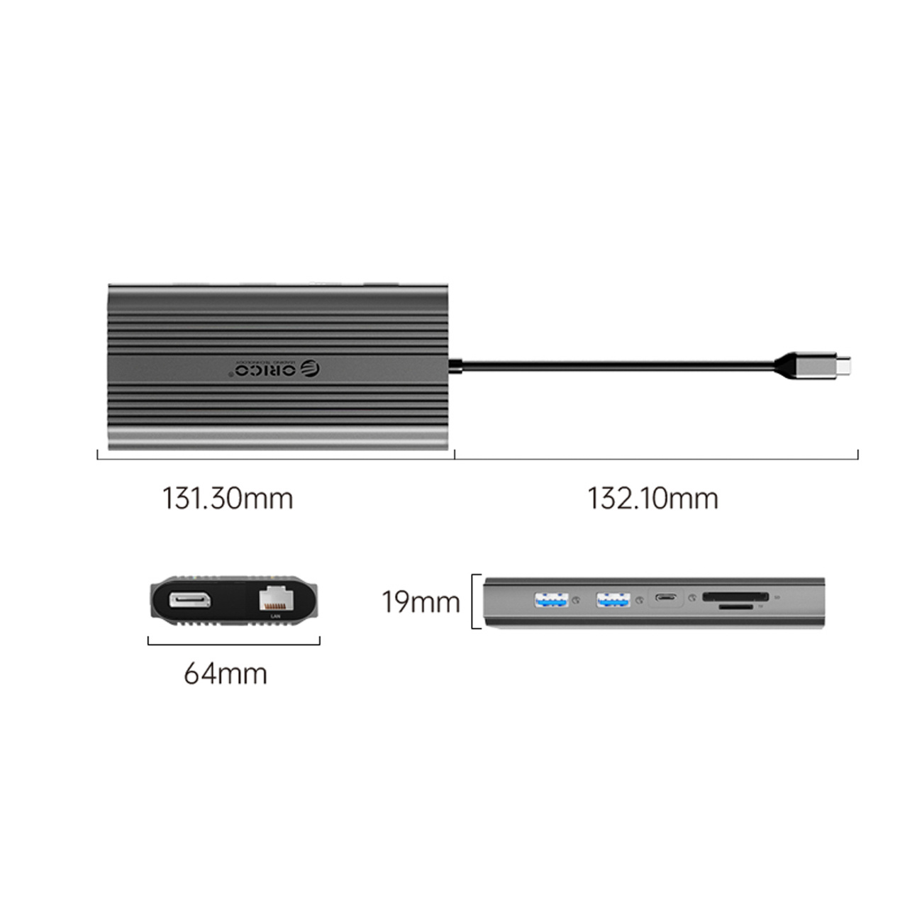 Szary hub USB-C z portami i wymiarami: 131,30mm, 132,10mm, 64mm, 19mm.