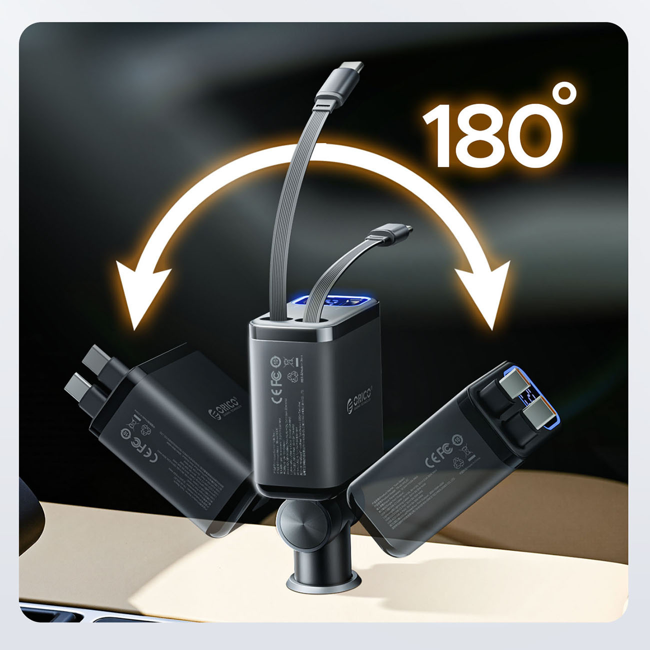 Dwa czarne ładowarki z portami USB-C i kablami zamontowane na stojaku, pokazujące obrót o 180°.