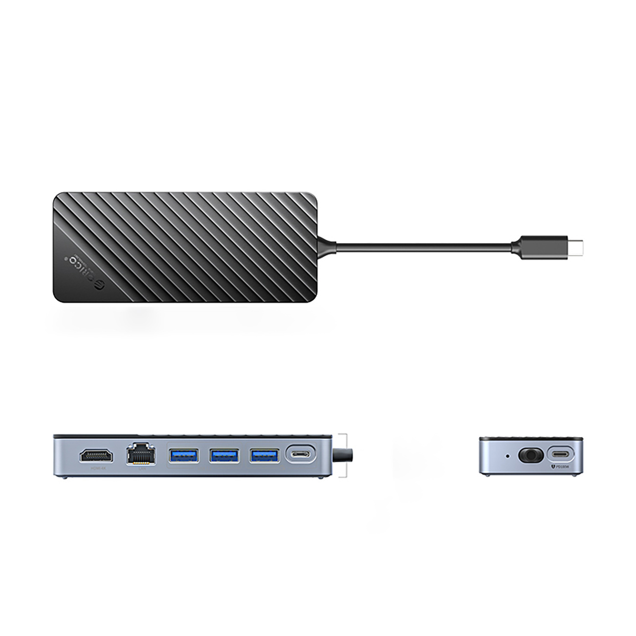 Szary hub USB-C z portami: HDMI, LAN, 3x USB-A, 2x USB-C.
