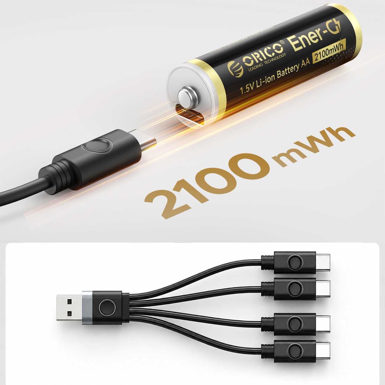 Kabel USB-C podłączony do baterii AA 2100 mWh.