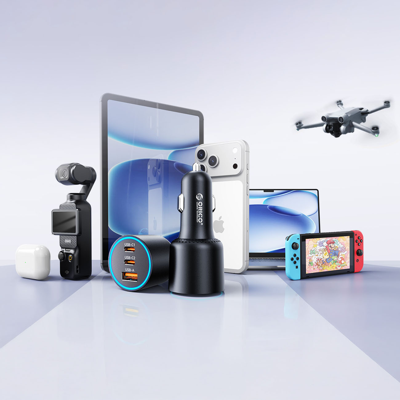 Elektronika: dron, smartfon, tablet, laptop, Switch, gimbal, ładowarka, słuchawki.