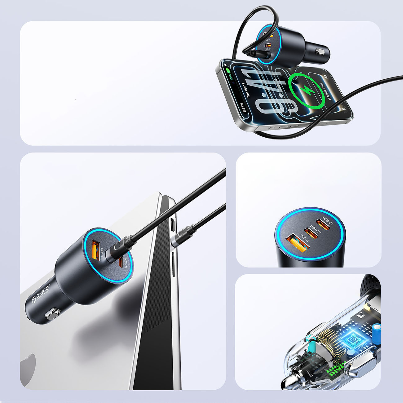 Czarna ładowarka samochodowa z trzema portami USB ładuje smartfon.