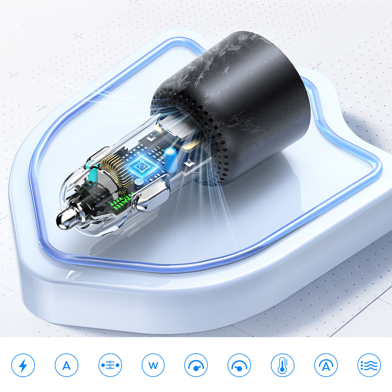 Czarny adapter ładowarki samochodowej z widoczną płytką drukowaną i niebieskimi światłami.