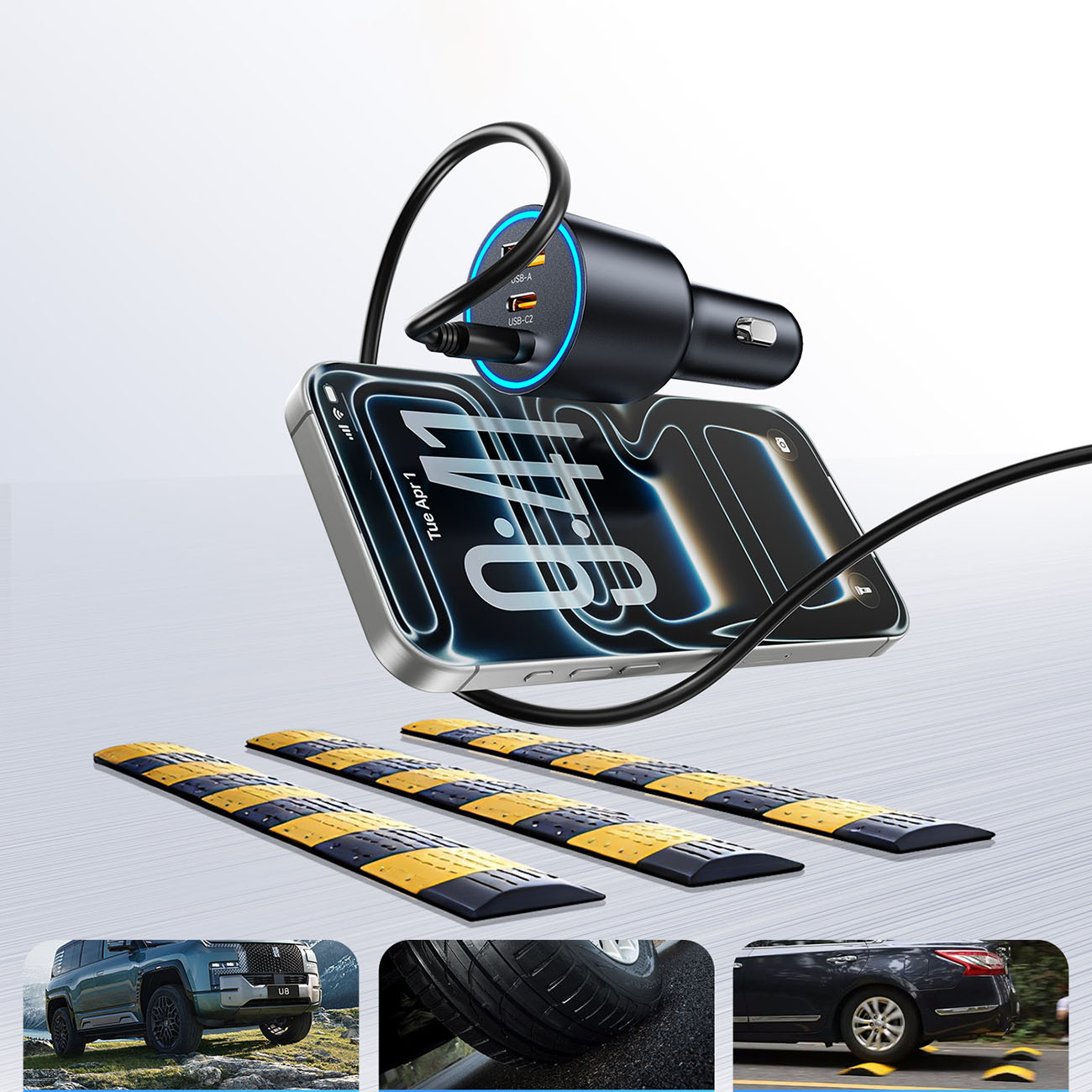 Ładowarka samochodowa z dwoma portami USB ładuje smartfon; poniżej trzy progi zwalniające.