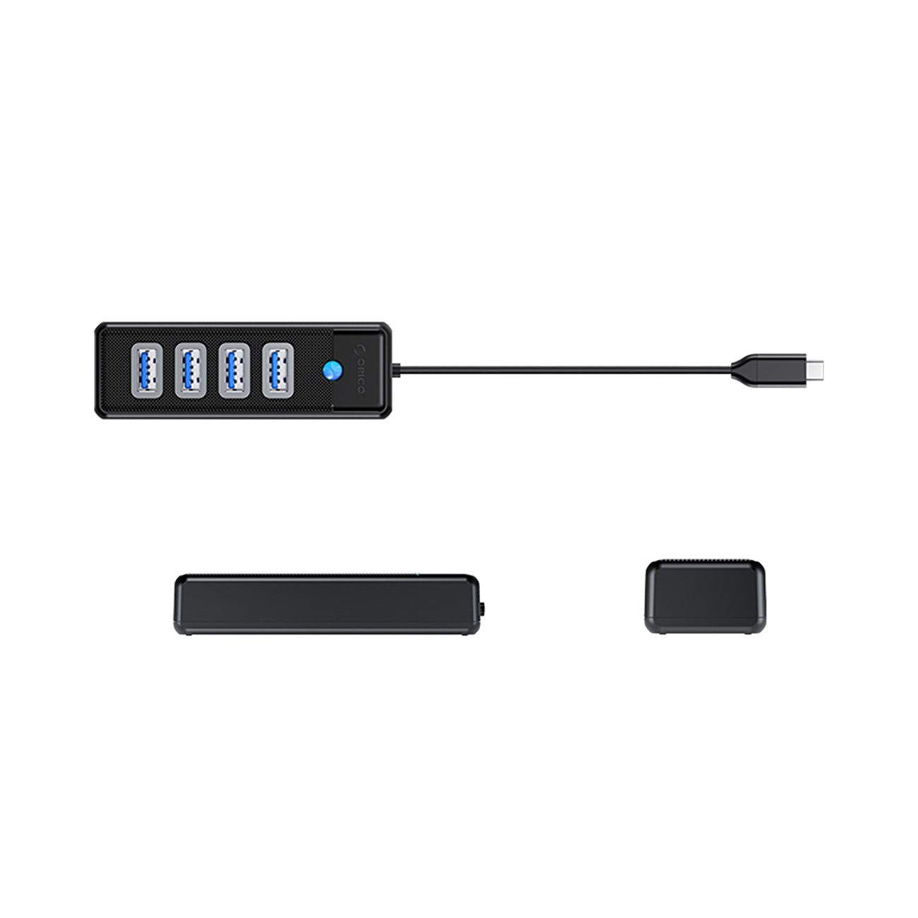 Czarny koncentrator USB z czterema niebieskimi portami i kablem.