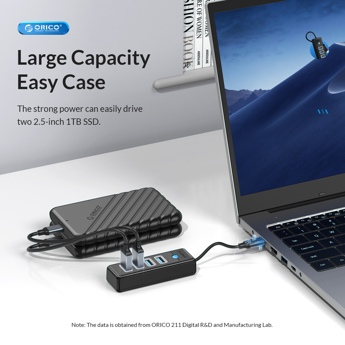 Czarne zewnętrzne etui na dysk twardy, koncentrator USB i laptop są podłączone.