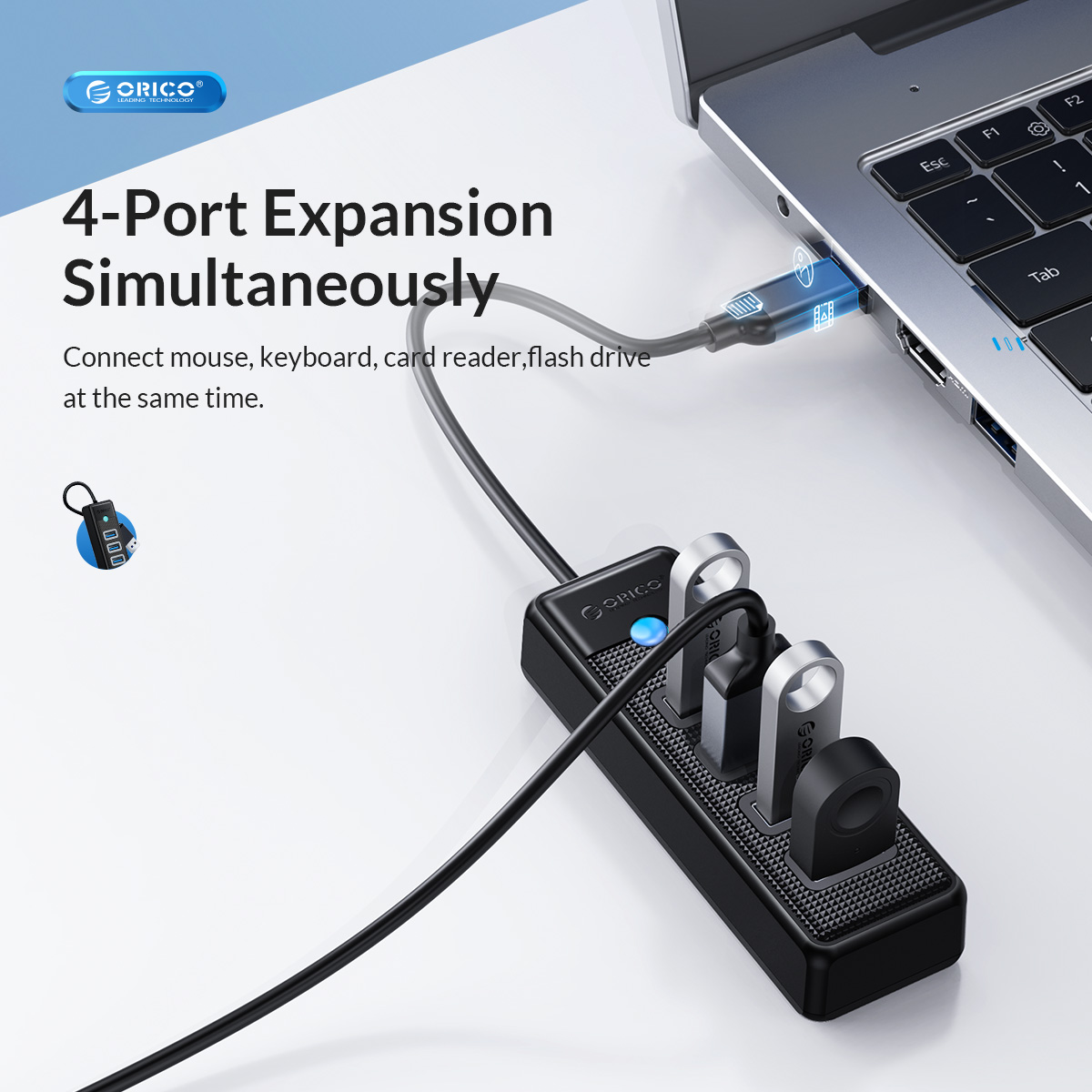 Czarny 4-portowy koncentrator USB podłączony do laptopa z podłączonymi urządzeniami.