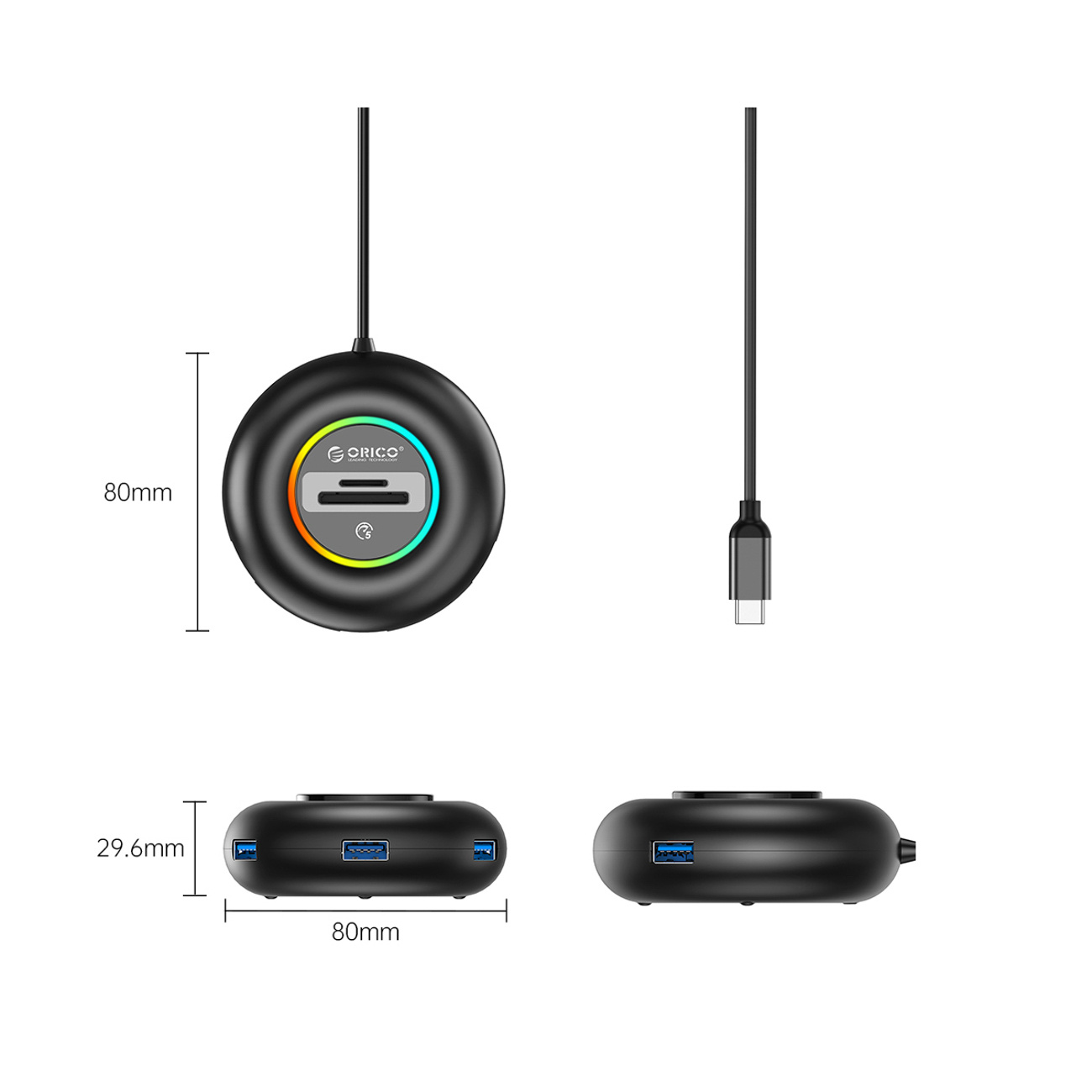 Okrągły, czarny hub USB-C z czterema portami USB i czytnikiem kart SD.