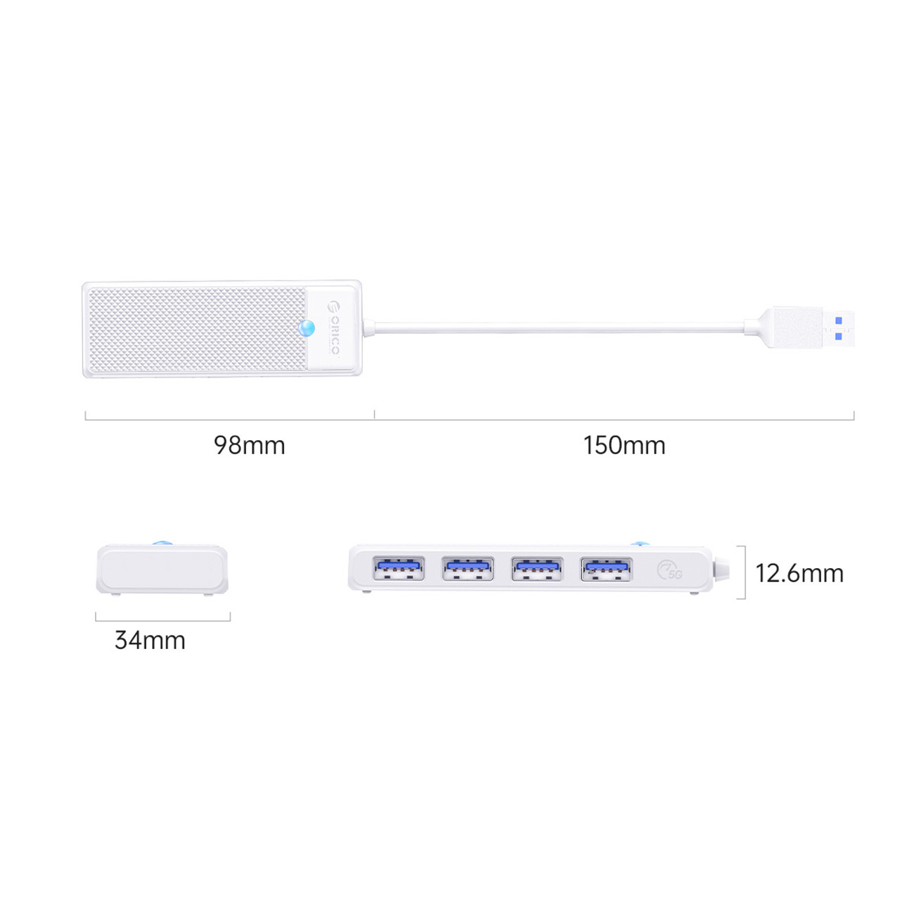 Biały koncentrator USB z czterema portami i pojedynczy adapter USB.
