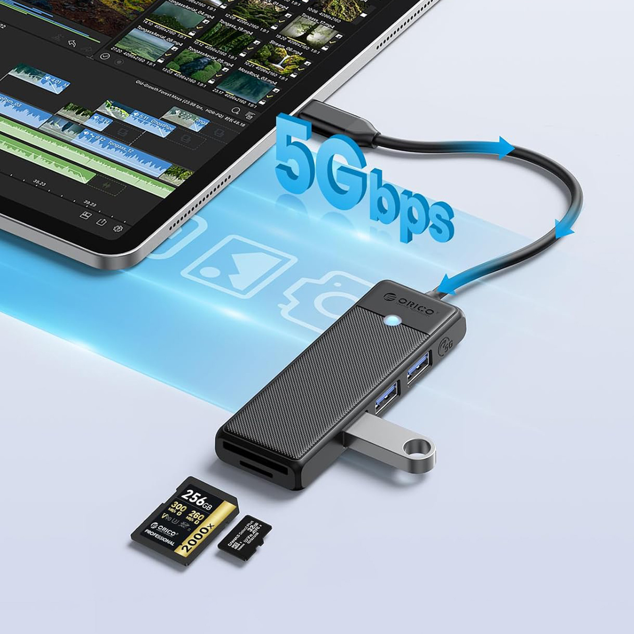 Hub USB-C z czytnikiem kart SD, portami USB i kartą 256 GB.