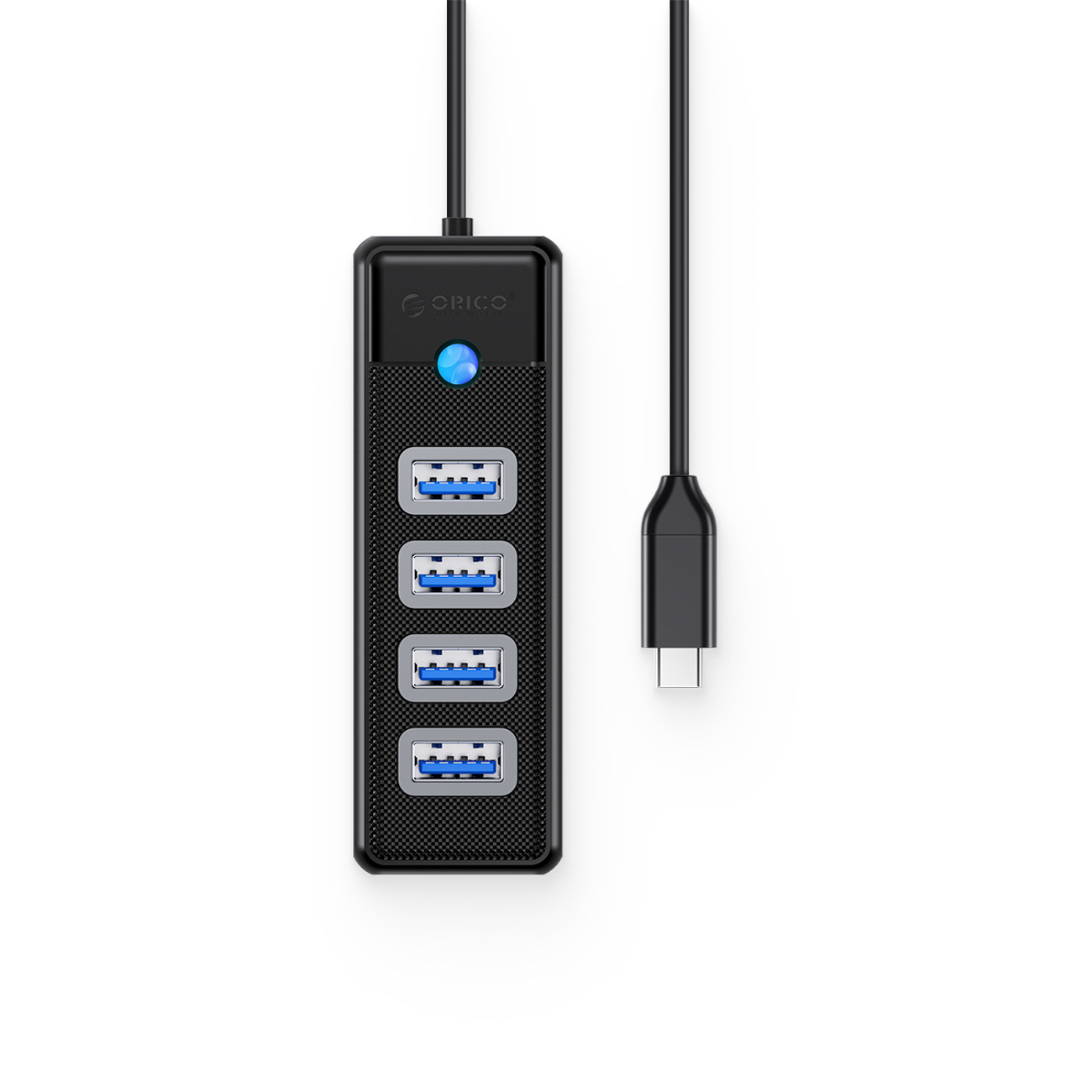 Czarny koncentrator USB z czterema portami i niebieskim światłem, z kablem USB-C.
