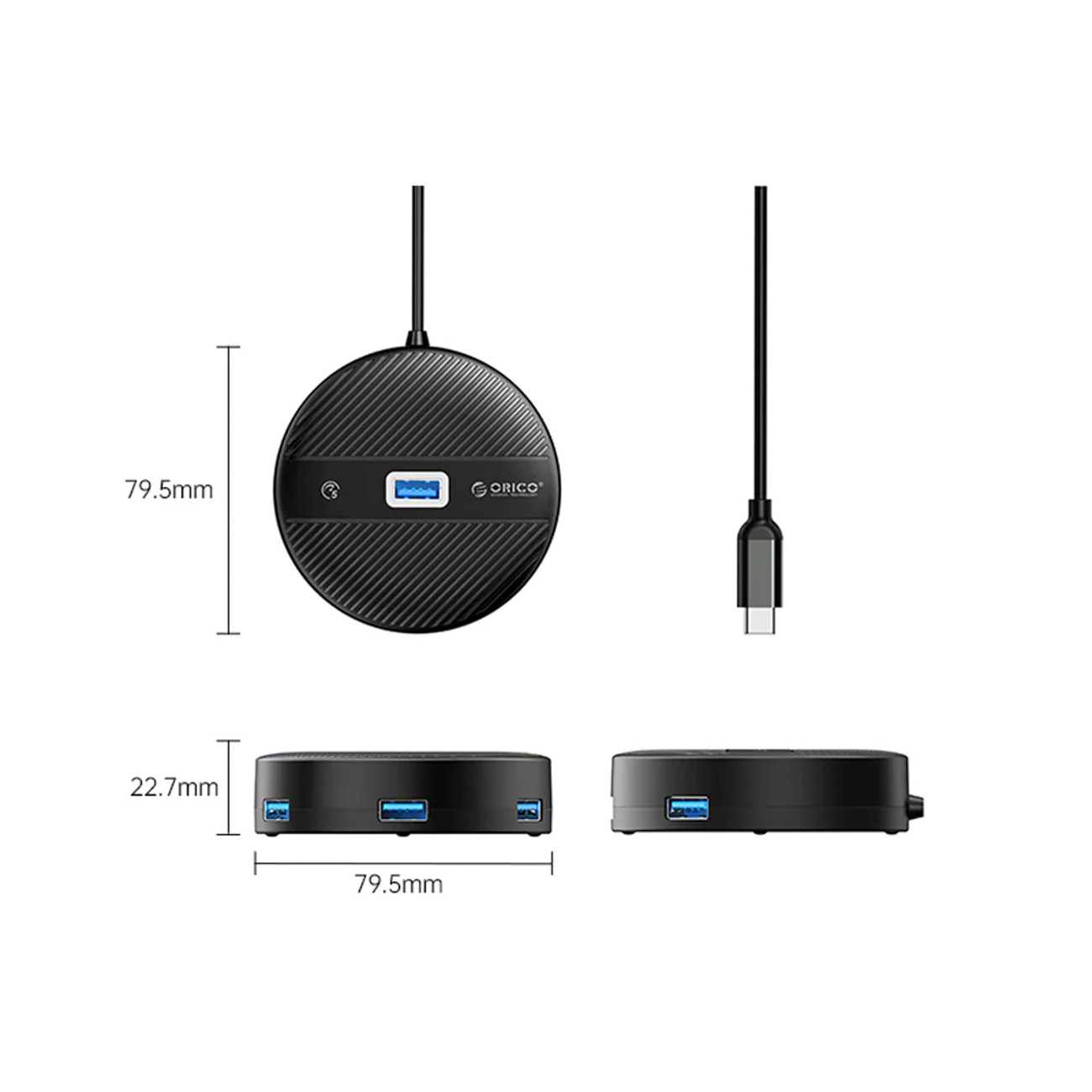 Czarny koncentrator USB-C z trzema portami USB i kablem.
