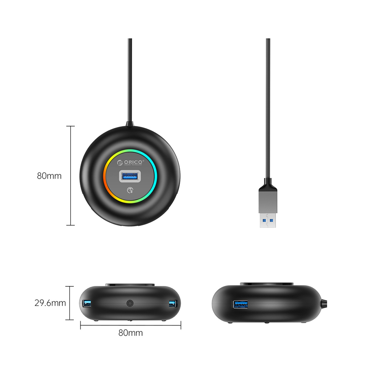 Czarny okrągły hub USB z kolorowym pierścieniem LED, średnica 80mm, wysokość 29,6mm.