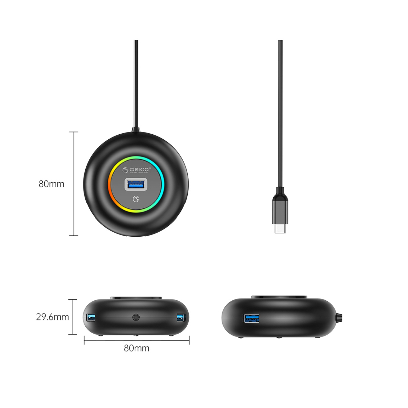 Okrągły czarny hub USB z kolorowym podświetleniem LED i wieloma portami USB.