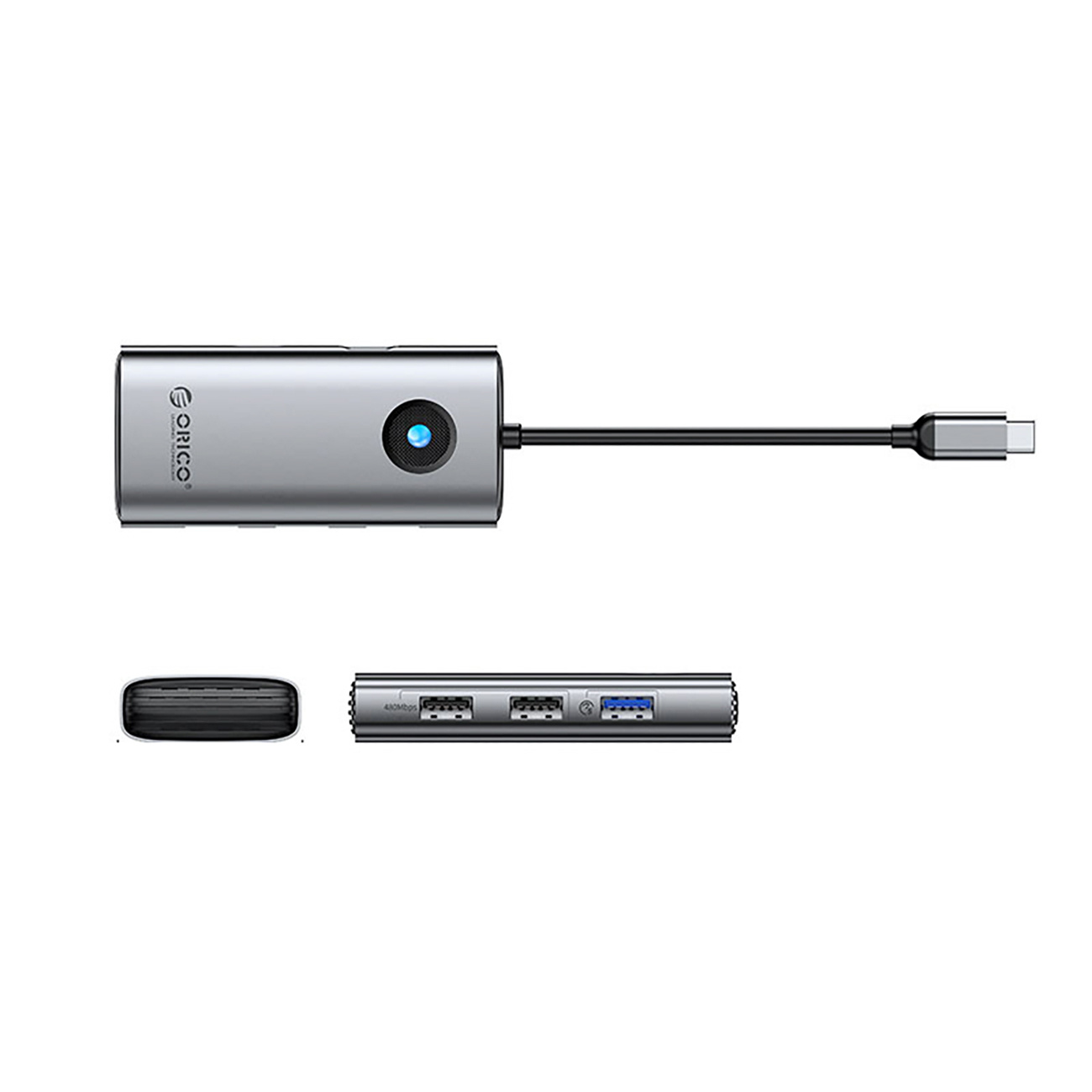 Srebrny koncentrator USB-C z kablem, jednym osobnym portem i drugim z trzema portami USB.
