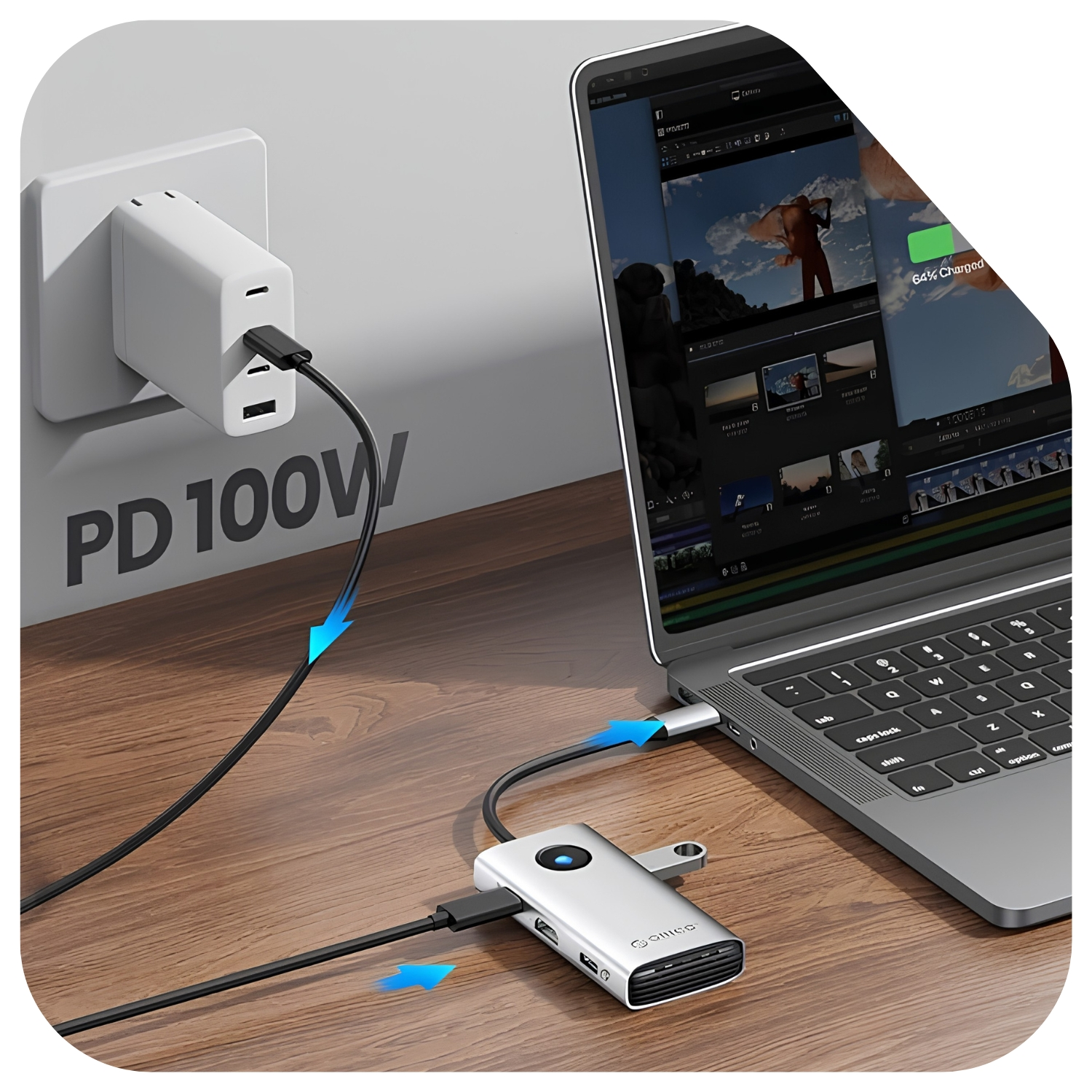 Biały adapter zasilający z dwoma portami USB jest podłączony do gniazdka ściennego.