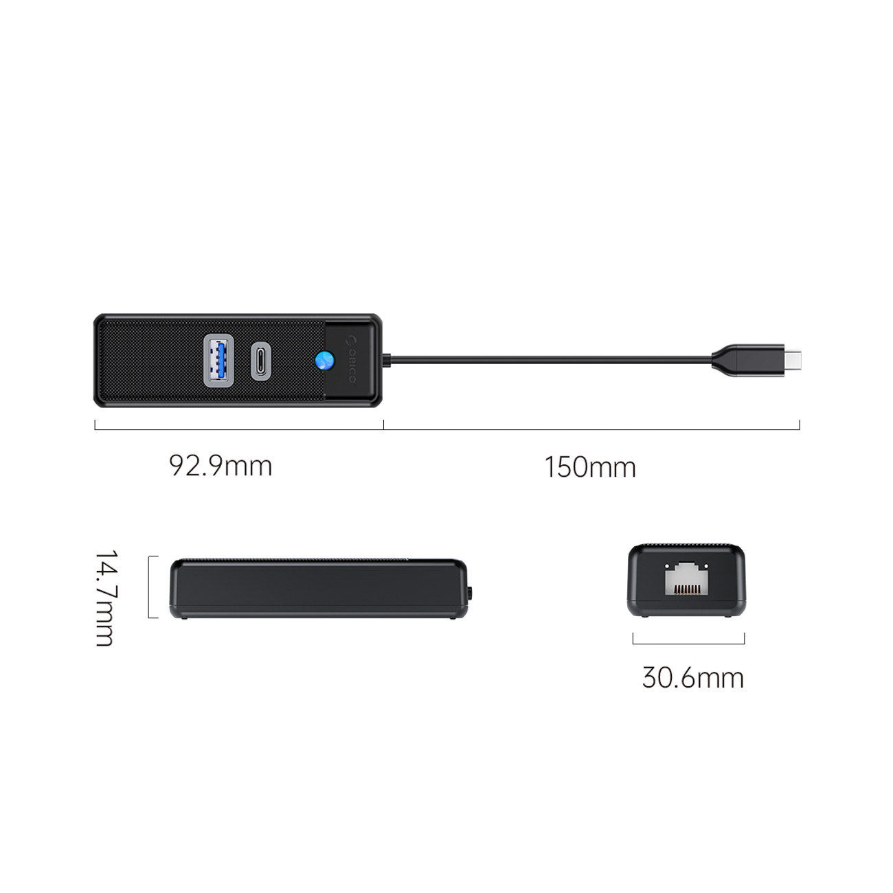 Czarny hub USB-C z dwoma portami USB-A i portem RJ45. Wymiary pokazane.
