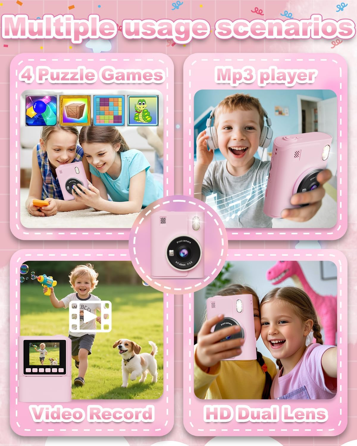 Kinder spielen Spiele, hören Musik, nehmen Videos auf und machen Selfies mit einer Kamera.