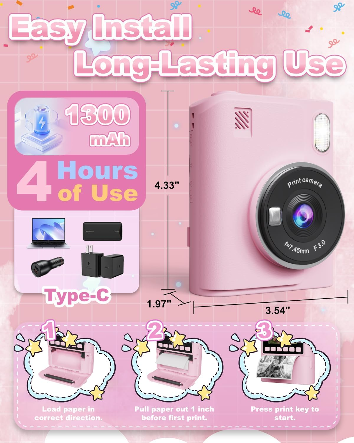 Ein rosa Sofortbildkamera-Drucker mit 1300 mAh, 4 Std. Laufzeit, Maßen 4,33x3,54x1,97 Zoll.