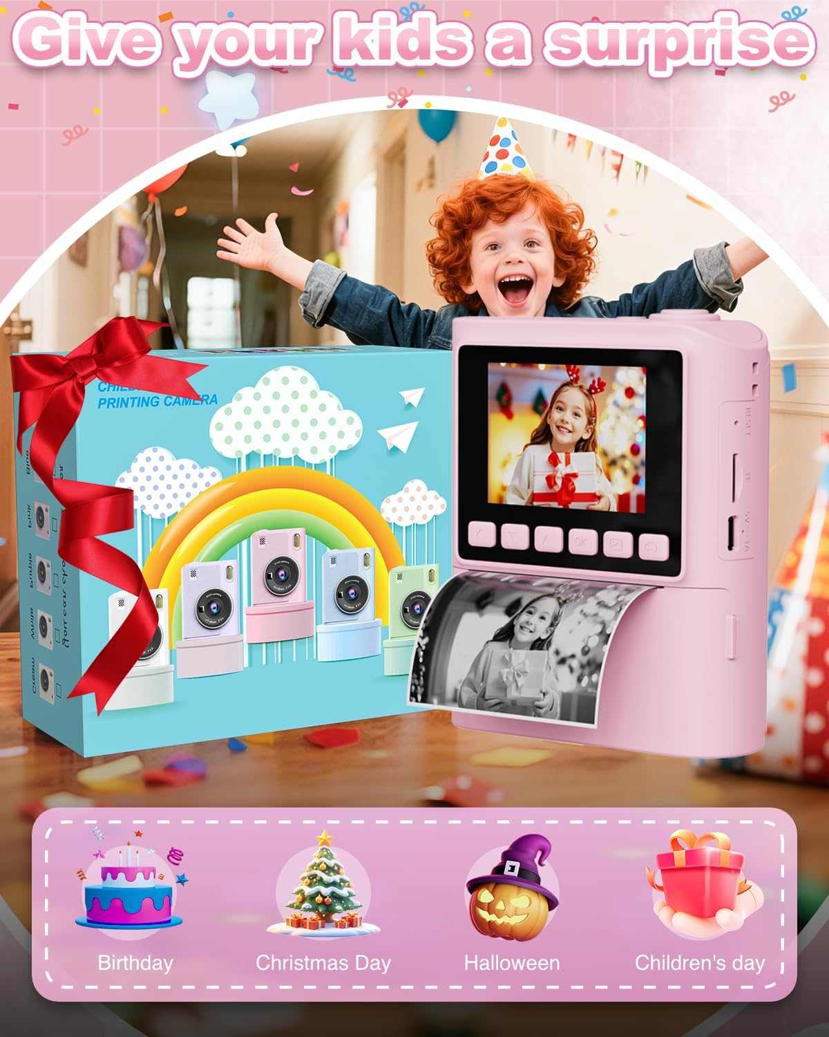 Ein pinkes Sofortbildkamera-Set mit Kindern, Geburtstags-, Weihnachts-, Halloween- und Kindertagsmotiven.
