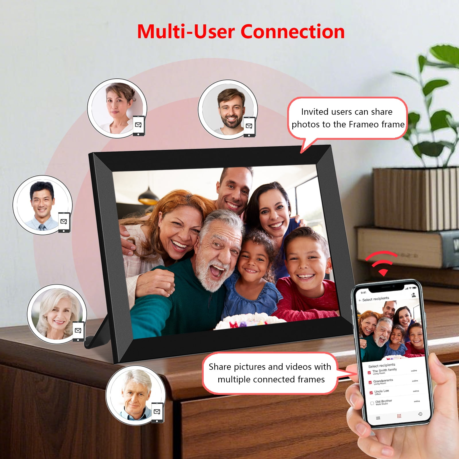 Digitaler Bilderrahmen zeigt Familie, verbunden mit Smartphones und Texten.