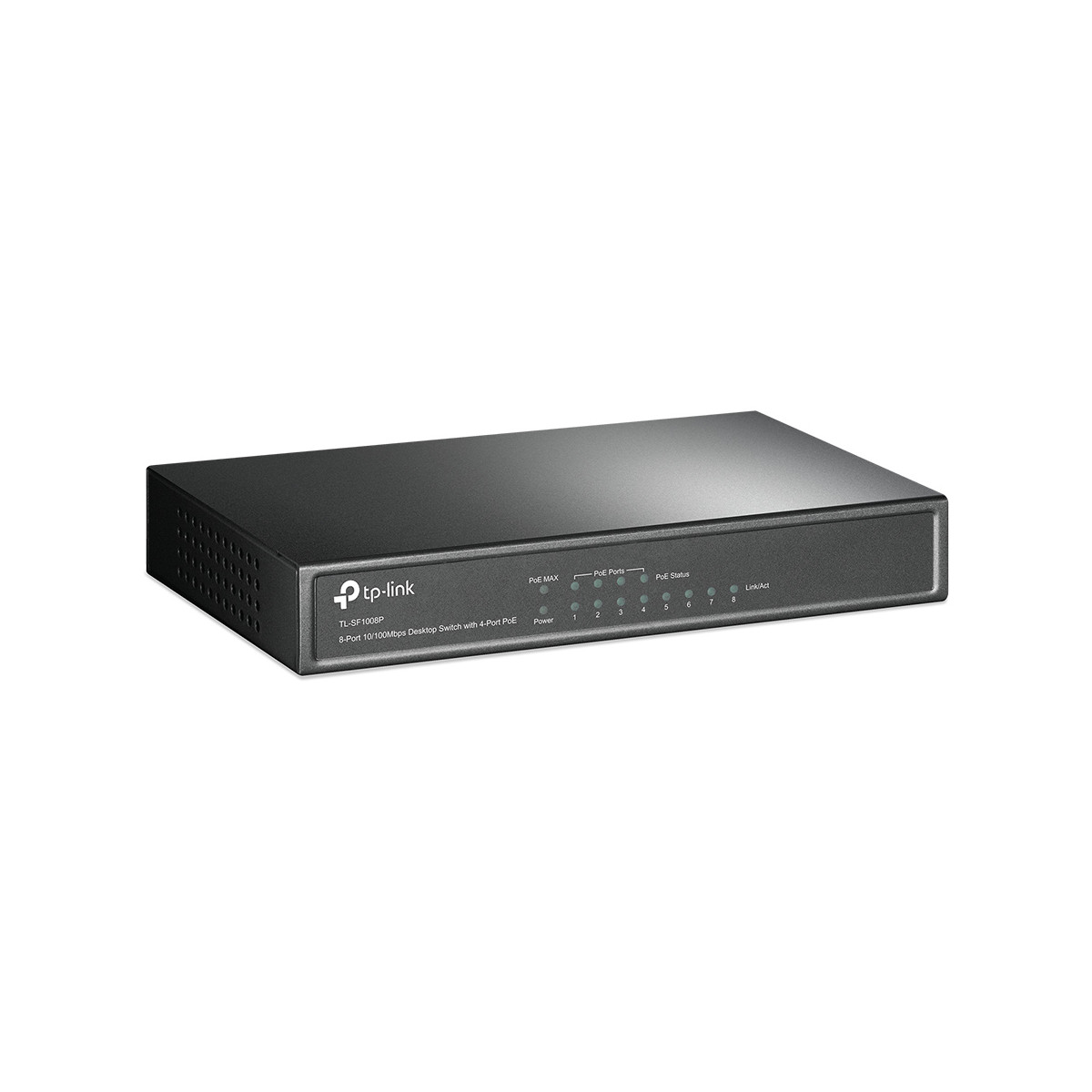 Schwarzer TP-Link 8-Port Desktop-Switch mit 4 PoE-Ports, Anzeigen und Netzschalter.
