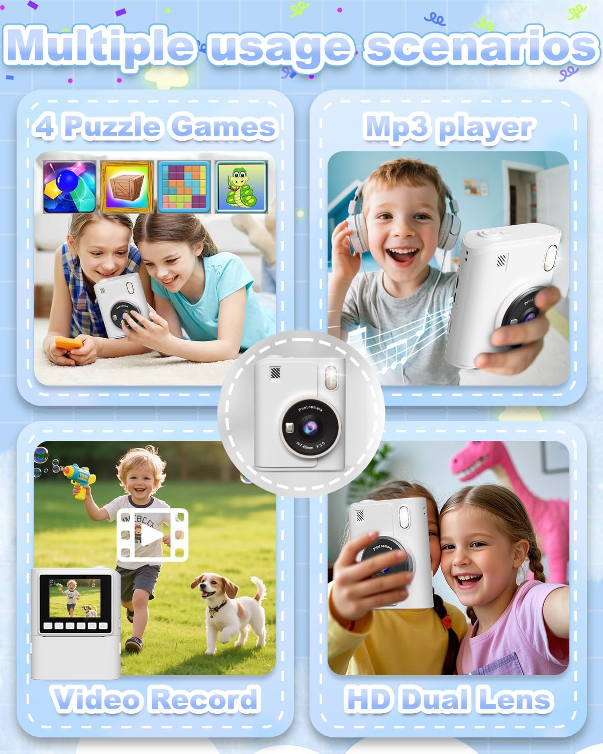 Vier Szenarien: Spiele, Musik, Video, Kamera. Kinder spielen, hören Musik, nehmen Videos auf.