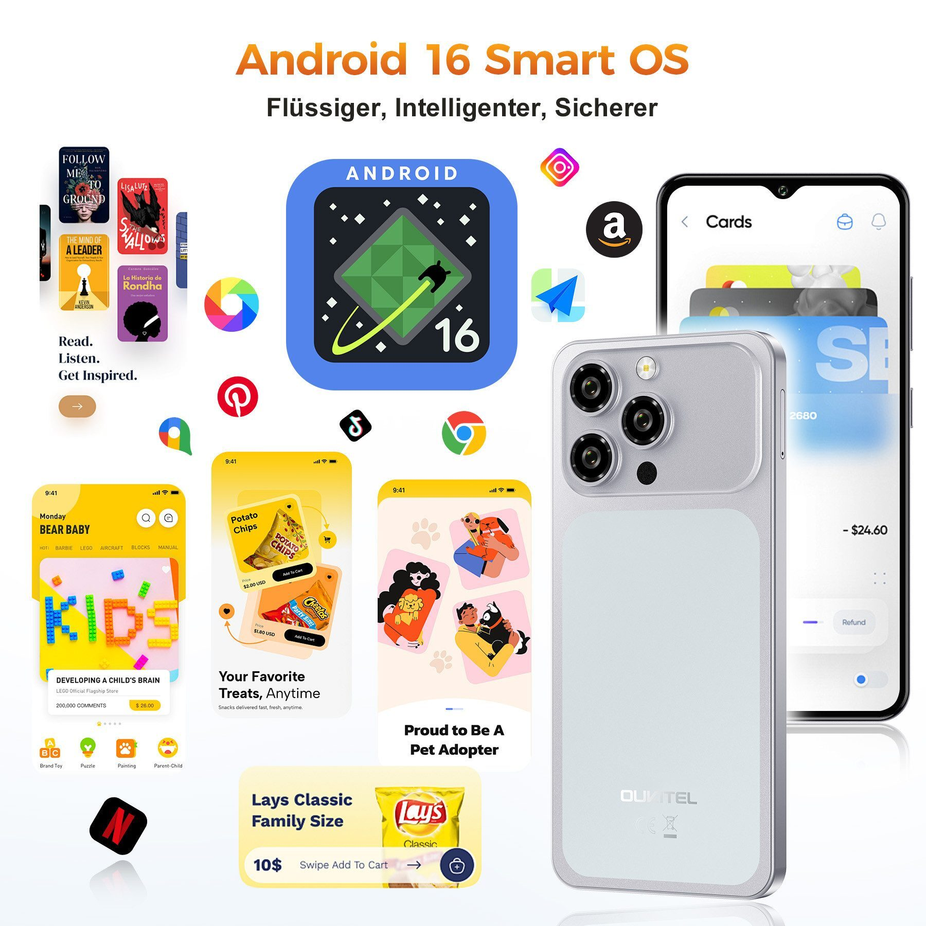 Ein Smartphone zeigt Apps: Bücher, Spiele, Snacks, Haustiere. Android 16 OS.