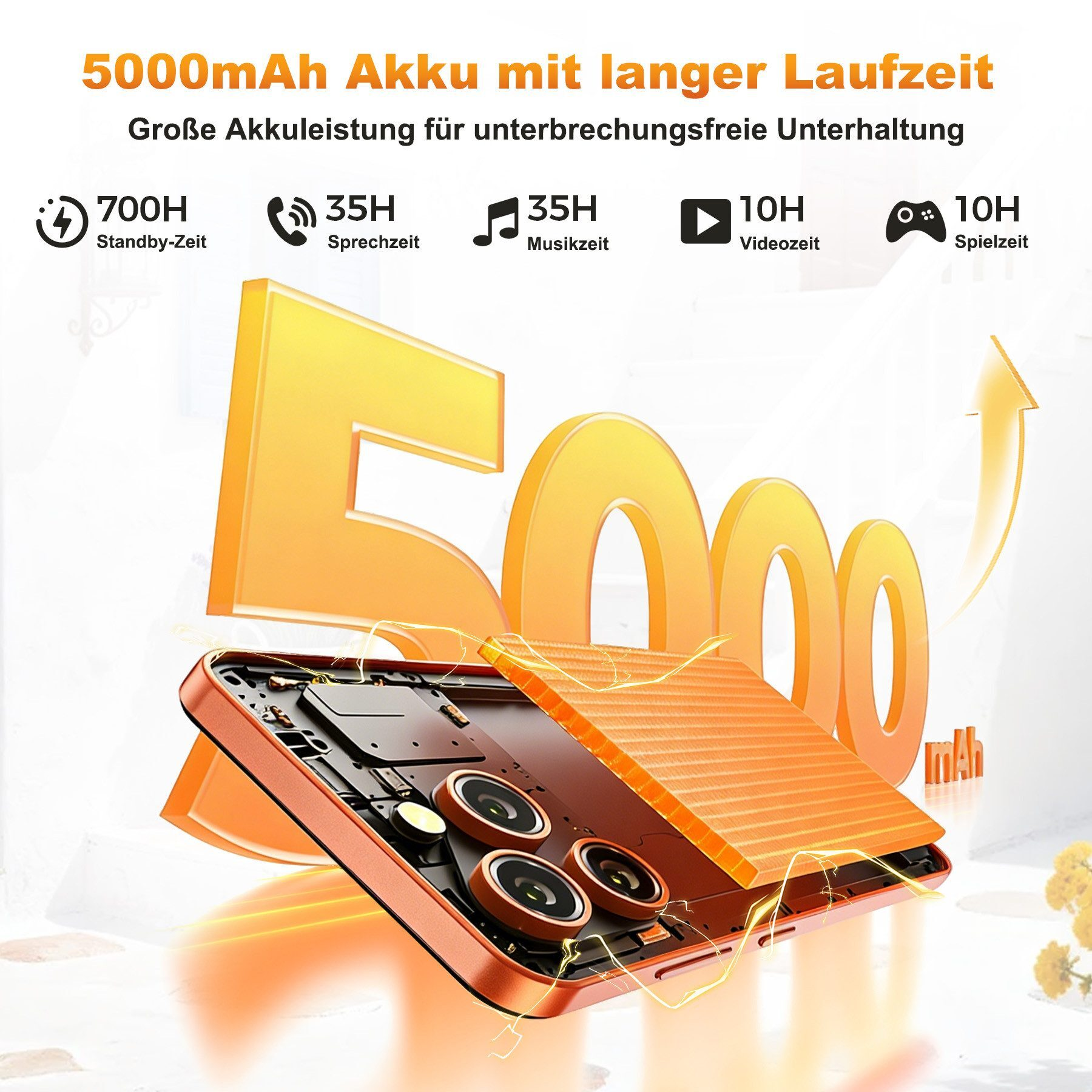 Orangefarbenes Smartphone mit 5000mAh Akku, zeigt Standby-, Sprech-, Musik-, Video- & Spielzeit.